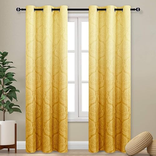 DWCN Ombre Blackout Curtains for Bedroom - Damask Patterned Thermal Insulated Energy Saving Grommet Curtains for Living Room, Set of 2 Gradient Window Curtain Panels, 42 x 84 Inches Long, Yellow