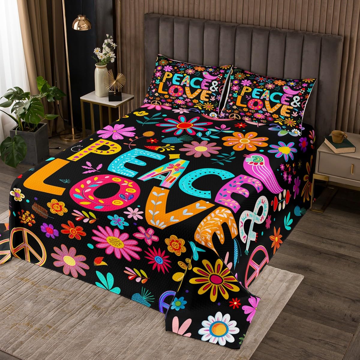 Manfei Watercolor Daisy Flowers Kids Bedspread King Size,Floral Leaf Botanical Plant Coverlet Set,Boys Girls Room Decor,Peace Sign Love Quilted Coverlet,Bright Romantic Bedding Quilt,2 Pillowcases