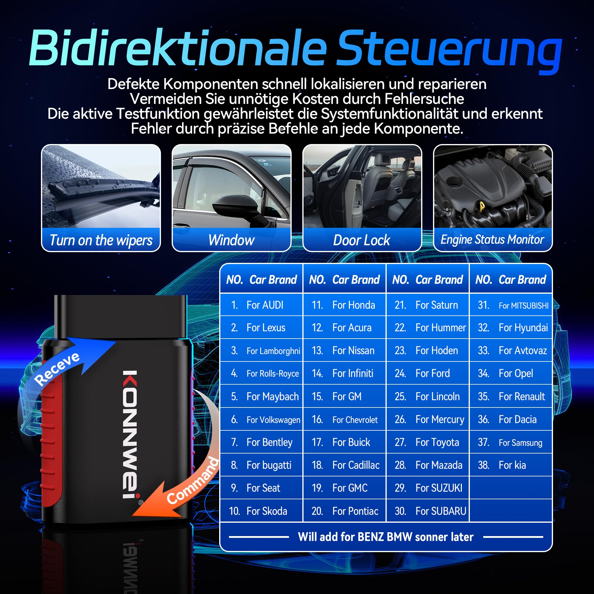 KONNWEI OBD2 diagnosegerät Auto, OBD2 Bluetooth 5.2 Adapter für iOS & Android mit Vollständige Systemdiagnose und 5 Servicefunktionen, Kein Abonnement Erforderlich