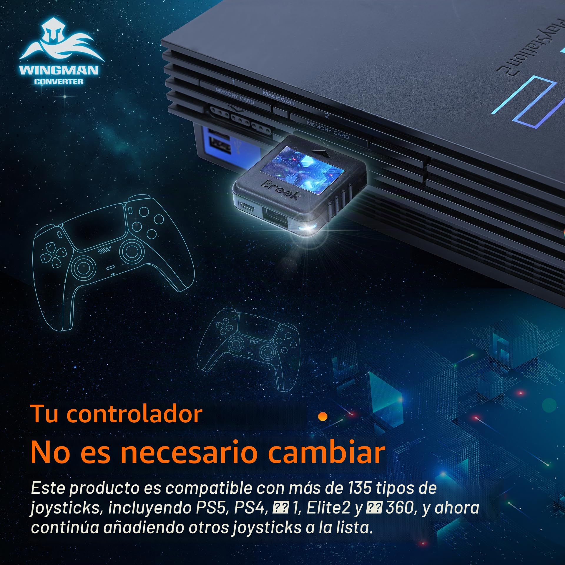Brook Wingman PS2 Converter – Adaptador inalámbrico con Llavero para mandos Xbox 360 / Xbox Original y PC, también Compatible con PS5 / PS4 / PS3 / Switch Pro → PS2 / PS1 / PS Classic