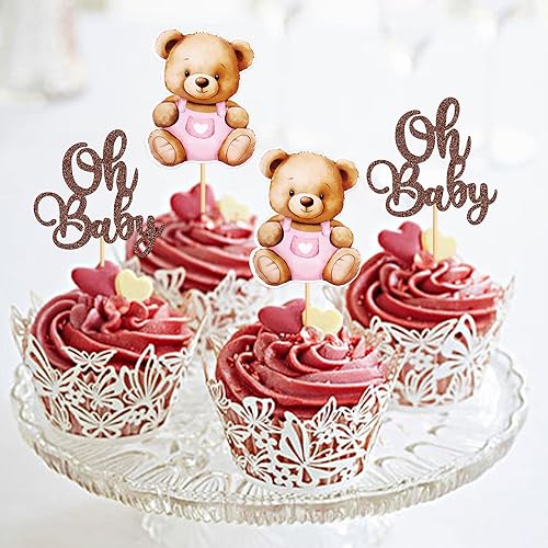 Miniatura 6 de Ercadio Paquete de 24 adornos para cupcakes Bear Oh Baby Bear Oh Baby para cupcakes de oso rosa para decoración de pasteles con temática de oso para