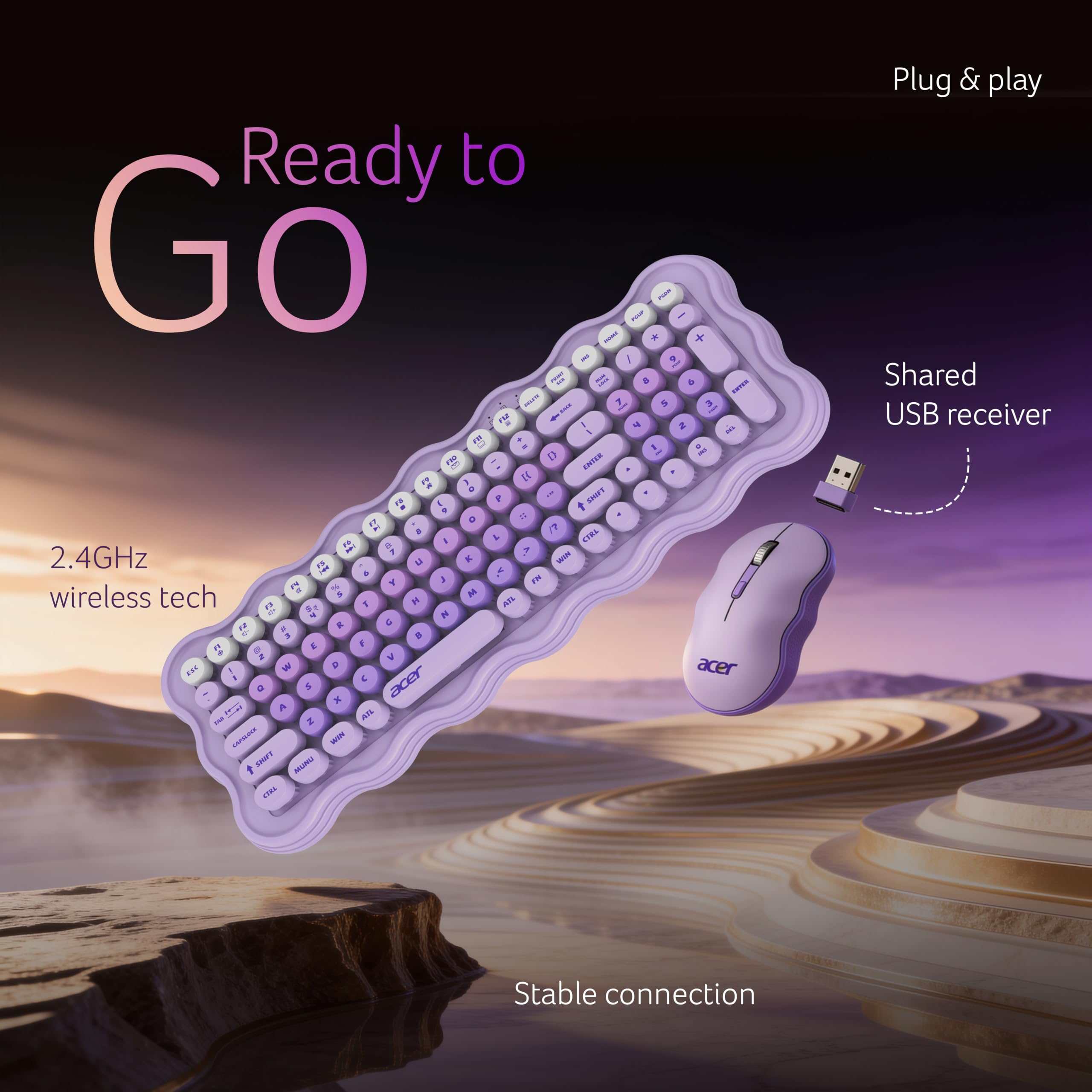 Acer PopGo Wireless Keyboard and Mouse Combo | 2.4GHz Wireless USB Receiver | Retro Round Keycaps Keyboard | 1200 DPI Optical Mouse | Plug & Play | Power Saving Design for PC, Laptop, Desktop | Purple — Amazon image 6