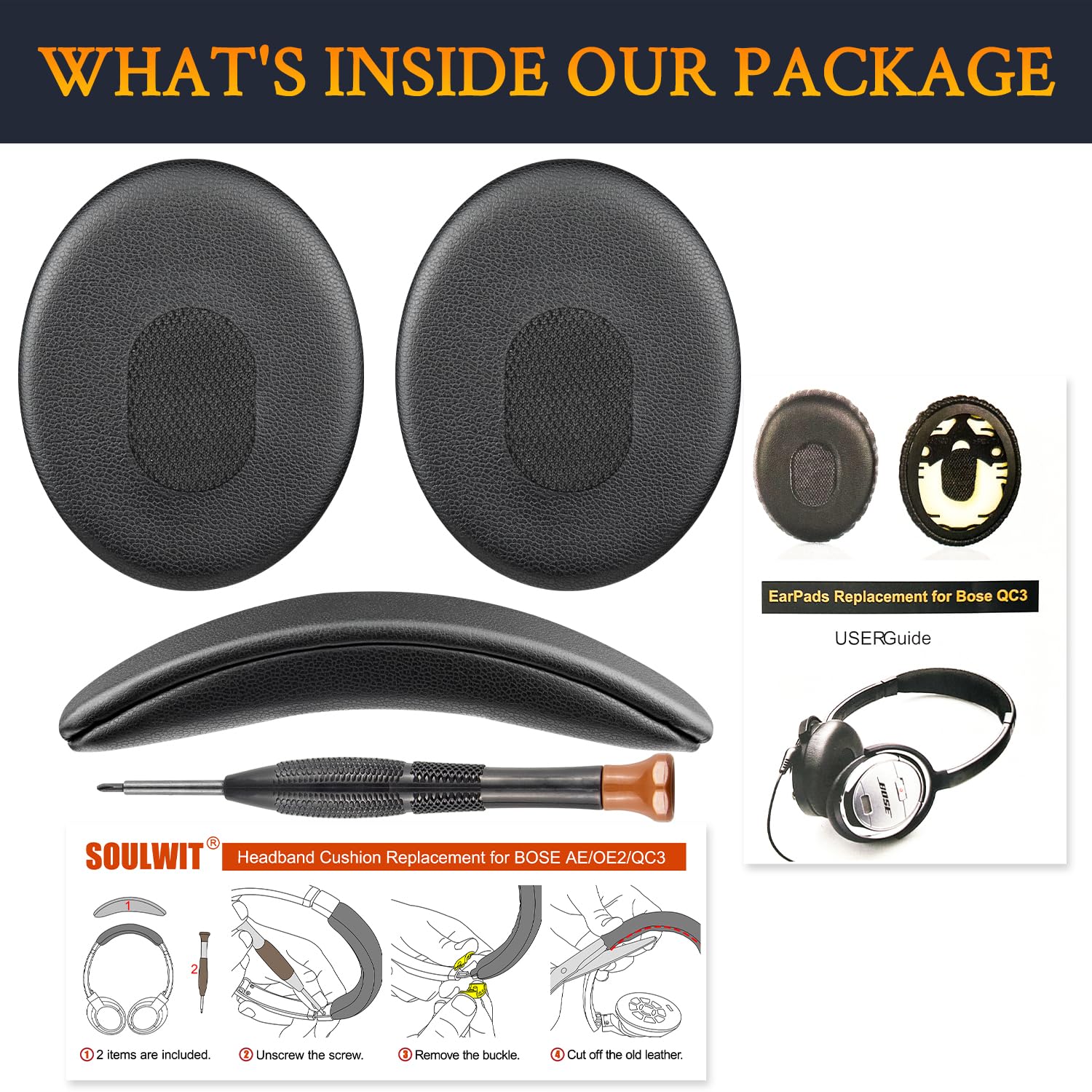 SOULWIT Almohadillas + Diadema, Kit de Repuesto para Bose QuietComfort 3 (QC3) Auriculares (No se Ajustan a OE1) - Negro