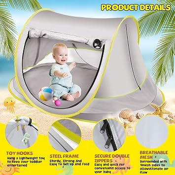 Pop Up Beach Tent Portable Sun Shade UV Protection UPF 50 Swimming Pool with Mosquito Net Travel (Grey, Max)