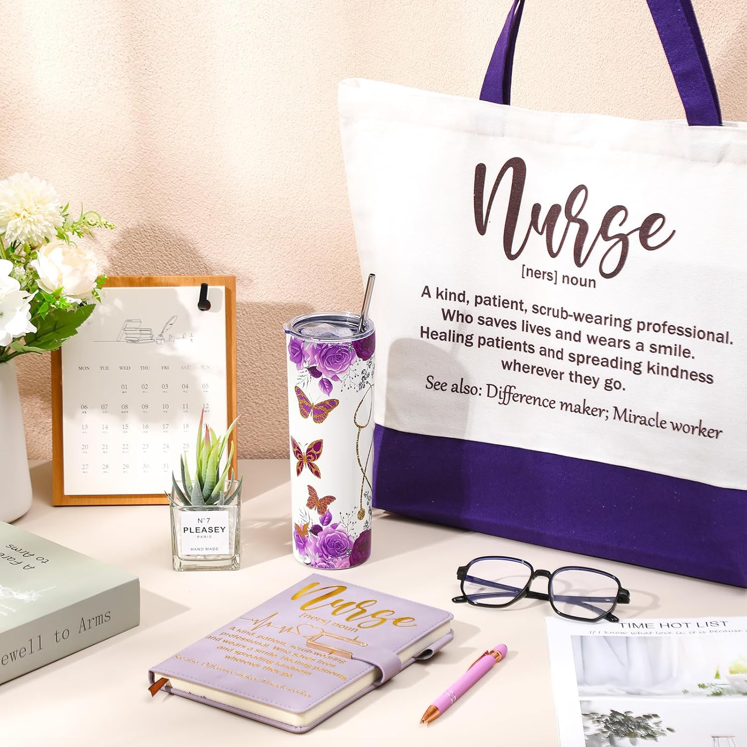 Pickmesh 2026 Nurse Gifts for Women Nurse Appreciation Gift Set Nurses Week Graduation Gift Include Leather Journal Ballpoints with Tip 20oz Tumbler Canvas Tote for Nursing Student Graduation(Purple)