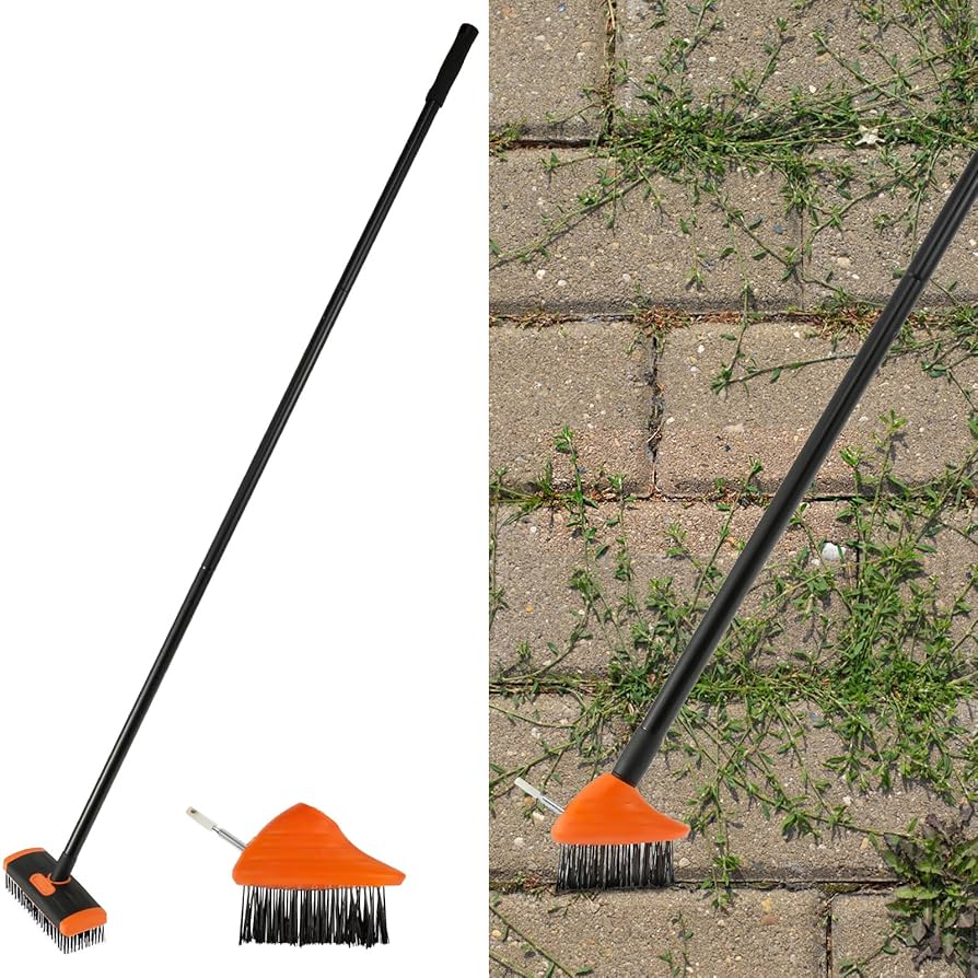 3 In 1 Telescopic Weed Remover Brush Wire Head Paving Decking Clean Scrub Moss Weed Remover Tool Wire Brush Scraper Set With Metal Broom & Weed Removal Head Green