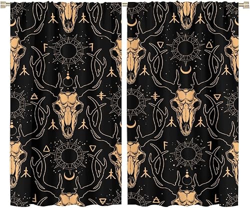 Vista 219 de Cortinas de cabeza de cabra, misteriosa cabeza de cabra malvada, calavera negra, bolsillo para barra, cortinas opacas para ventana, juego de 2