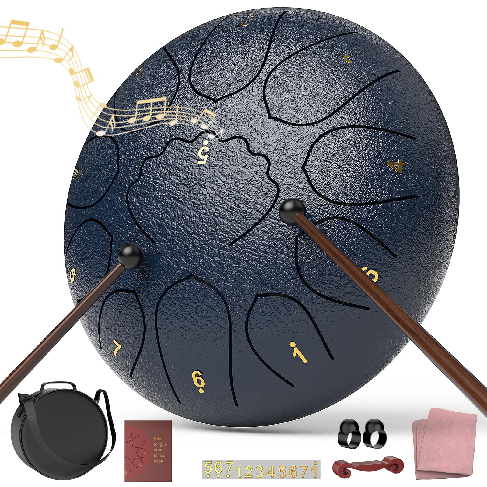 Rain Drum for Outside Garden, 8 Inches 11 Notes Steel Tongue Drum, Waterproof Meditation Rain Chime, Musical Instruments for Adult Gift with Bag, Music Book, Mallets (Navy Blue)