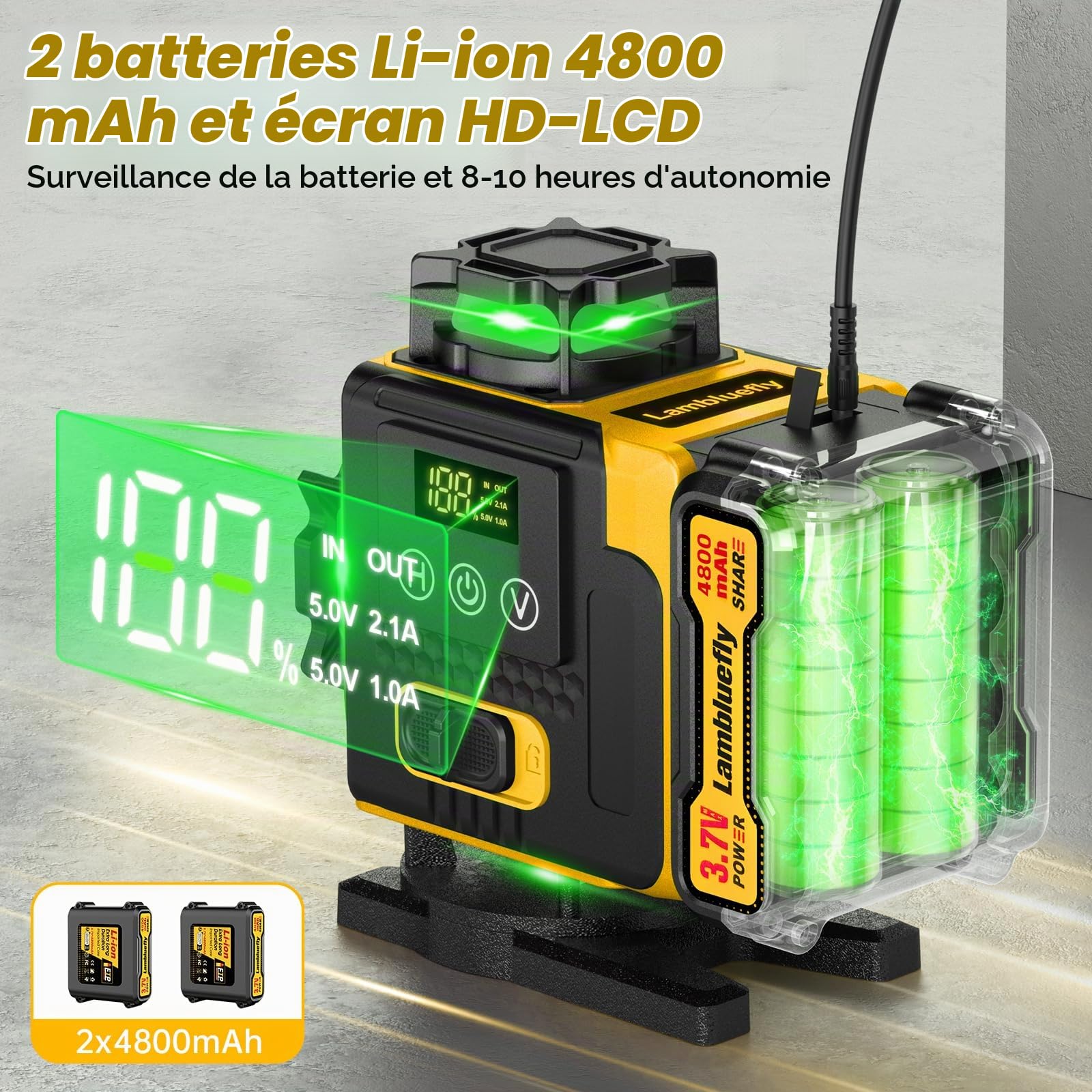 Niveau Laser avec Trepied 4 x 360°, 4D 16 Lignes Laser Chantier avec 2x4800mAh Batterie, Niveau Laser 360 Autonivelant avec Affichage LED, Télécommande, APP, IP54 Étanche et Anti-Poussière