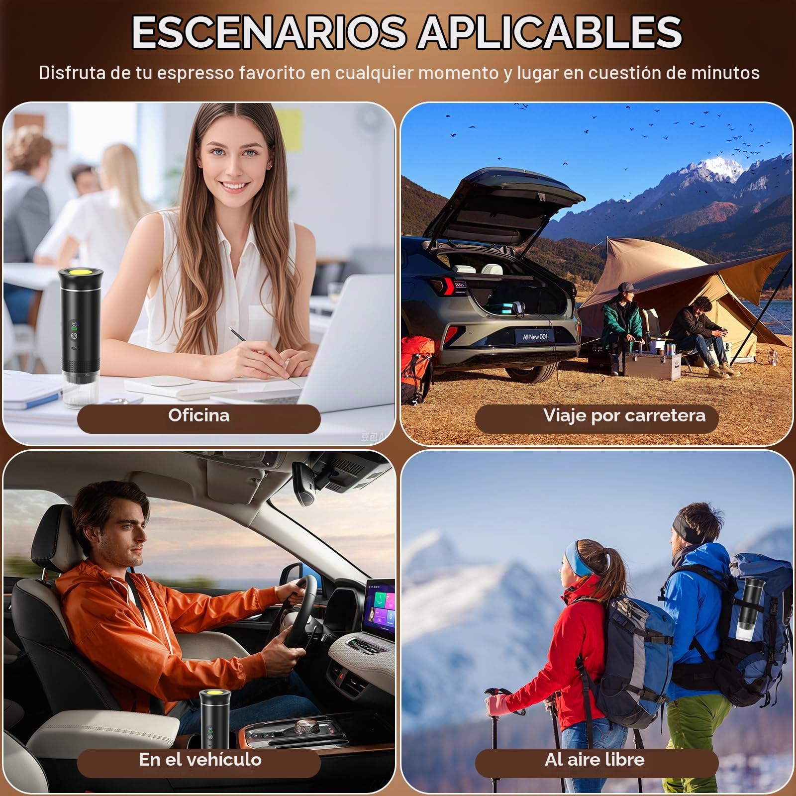 Cafetera Portátil 3-en-1 Calentamiento Rápido 80ml Presión 20 Bares | Pantalla Inteligente de Temperatura, Compatible Cápsulas 7500mAh USB-C Viajes y Oficina (Negro, Bolso Titular)