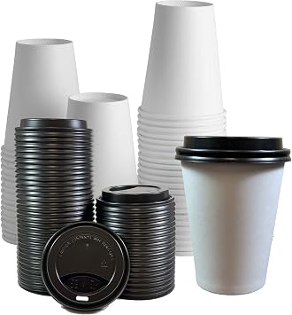 400 sets Disposable White Paper Cups with Black Lids Coffee Cups with Lids 12oz