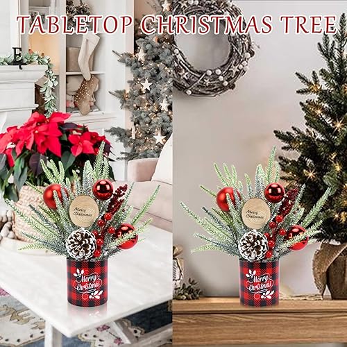 Miniatura 5 de GTIDEA Pequeño árbol de Navidad con luces, mini árbol de Navidad artificial de mesa de 13.4 pulgadas con adornos de bolas de Navidad, conos de pino