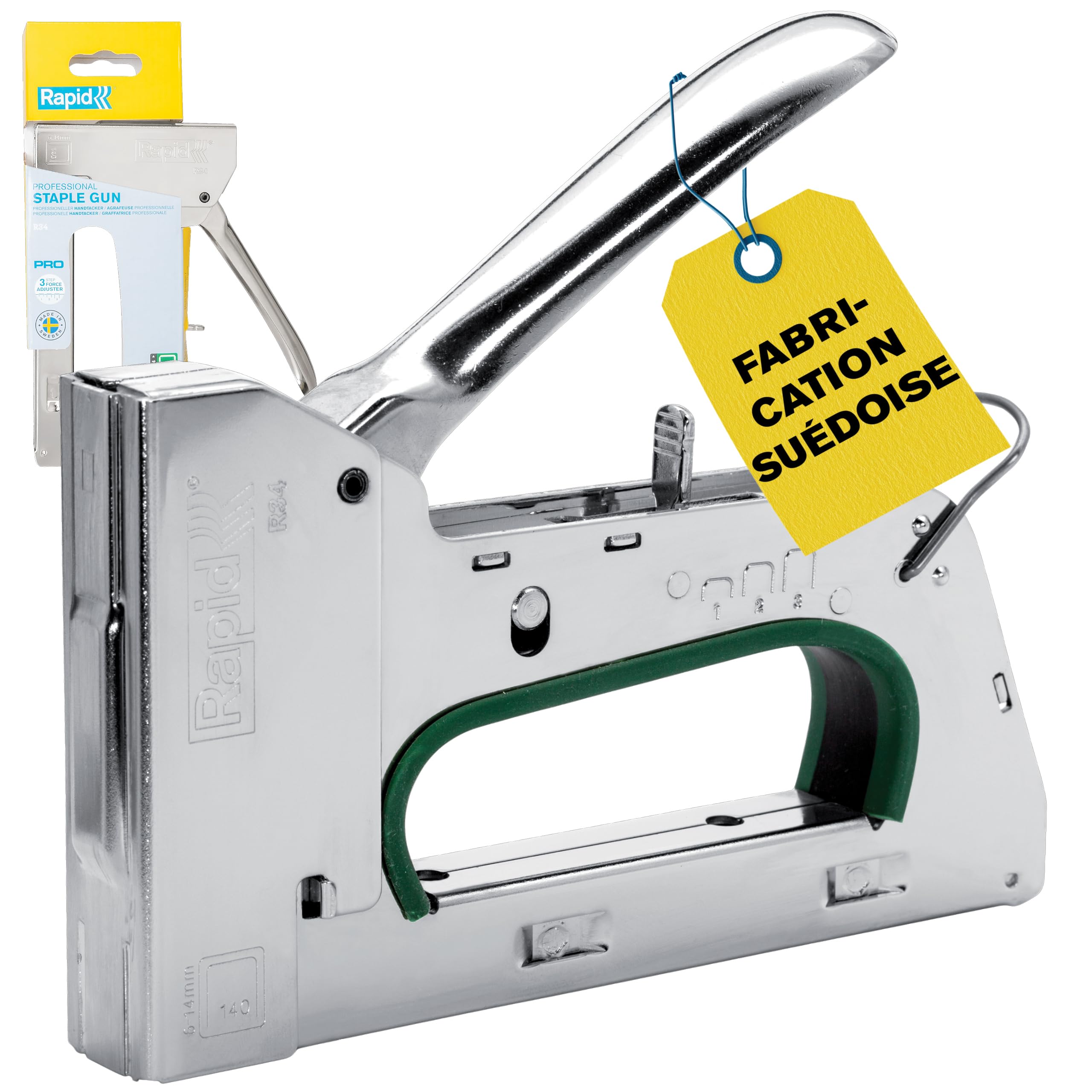 Rapid - Agrafeuse PRO R34 pour Agrafes N°140 de 6-14mm, Agrafeuse de Bricolage avec 3 Puissances au Choix, Gâchette Facile à Actionner & Poignée Ergonomique, Fabriqué en Suède - FSC (5001671)