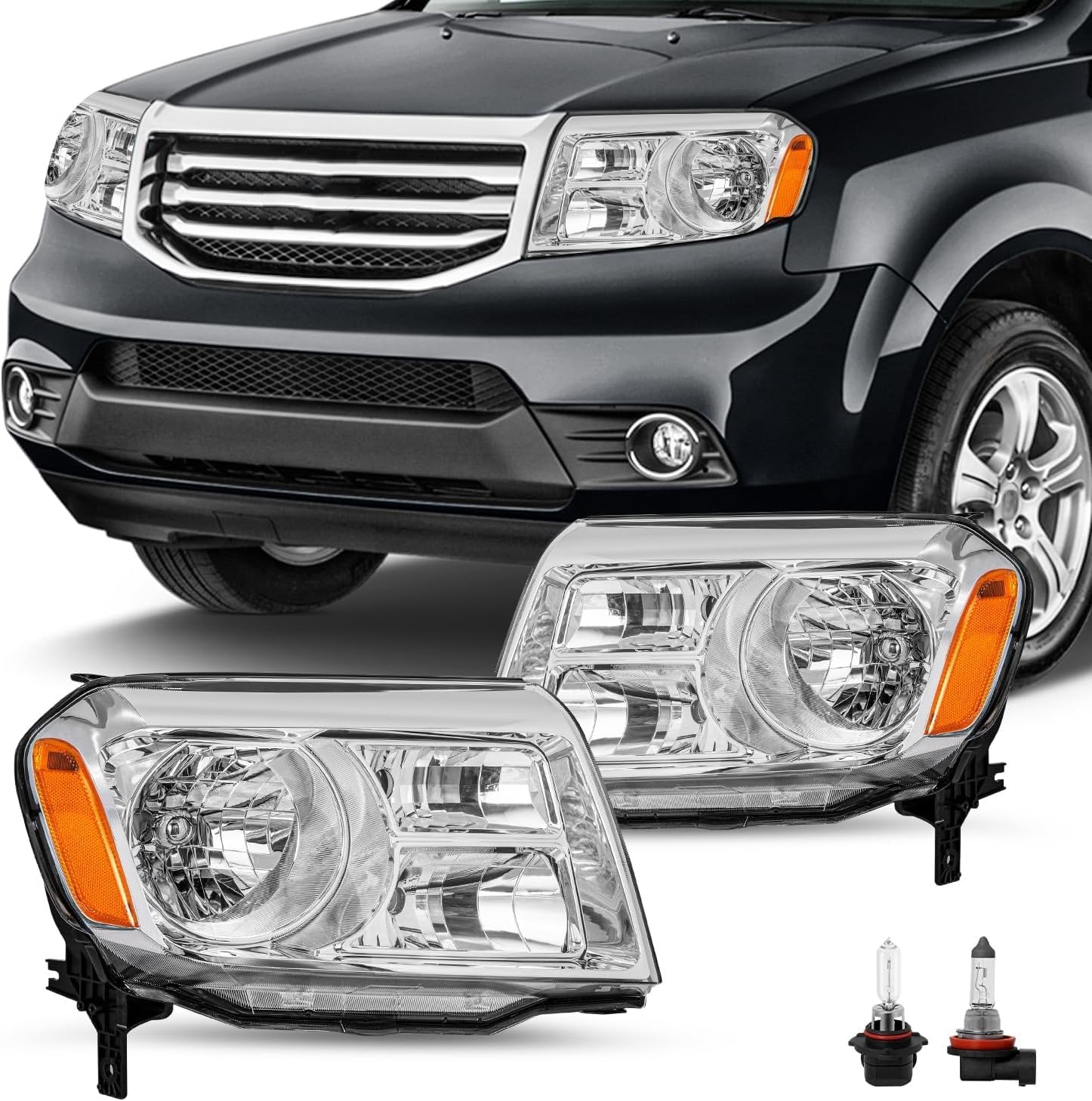 For 2012-2015 Honda Pilot [Halogen Type] w/Bulbs OEM Headlight Headlamp Assembly Replacement Pair (Driver & Passenger Side)