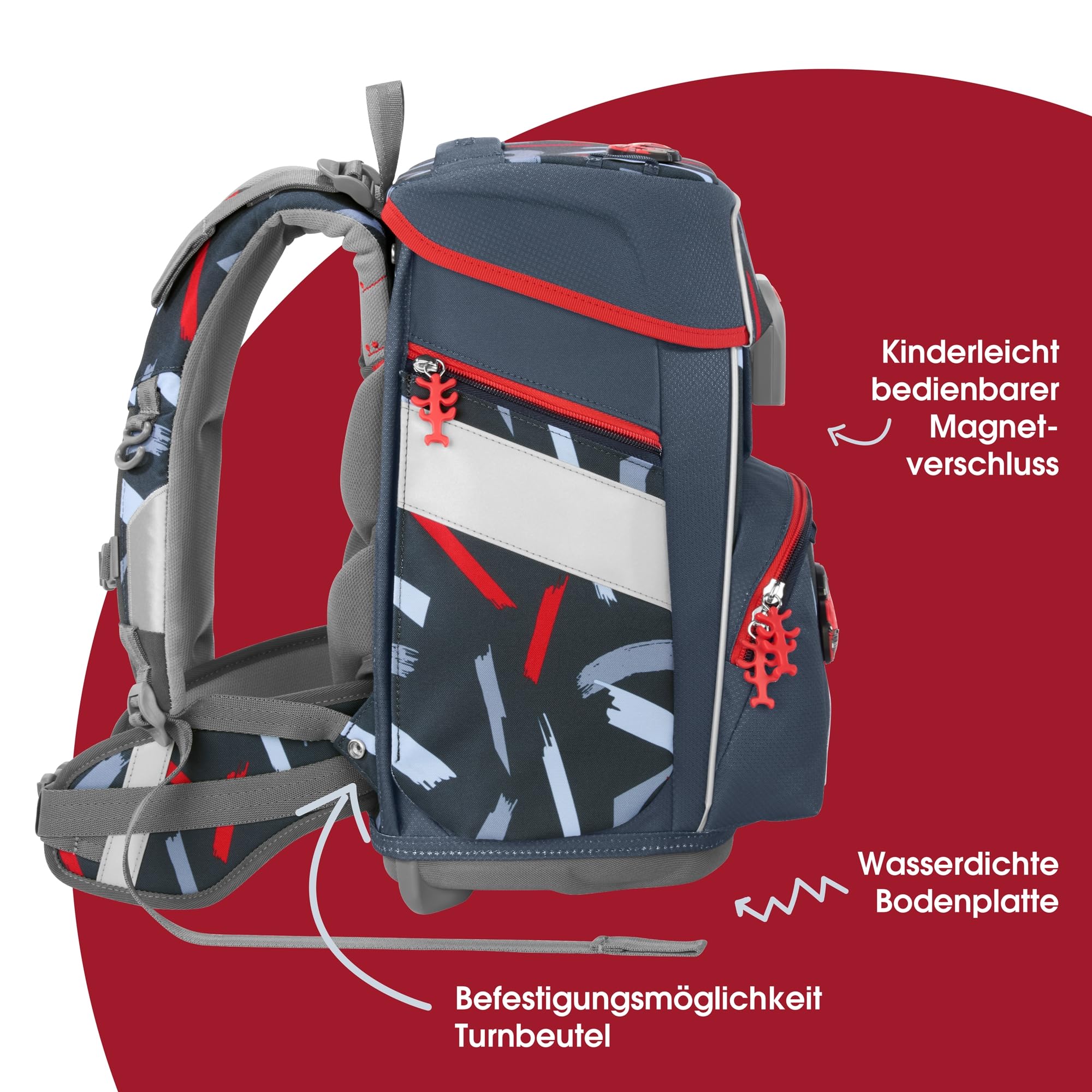 Step by Step Schulranzen-Set SPACE „Sports Car Mick“ 5-teilig, grau-rot, Auto-Design, ergonomischer Tornister mit Reflektoren, höhenverstellbar mit Hüftgurt für Jungen ab der 1. Klasse, 20L