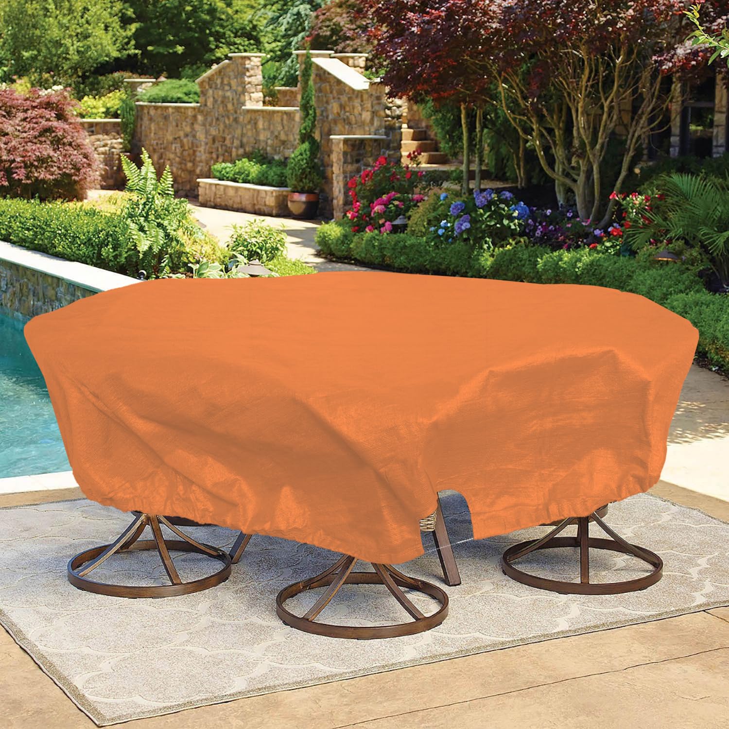 Bynbbur 13 FT Patio Furniture Cover with Wire Rope Hemmed All Edges, Round Pool Covers for Above Ground, UV Resistant Tarp for Deck Seat Couch Patio