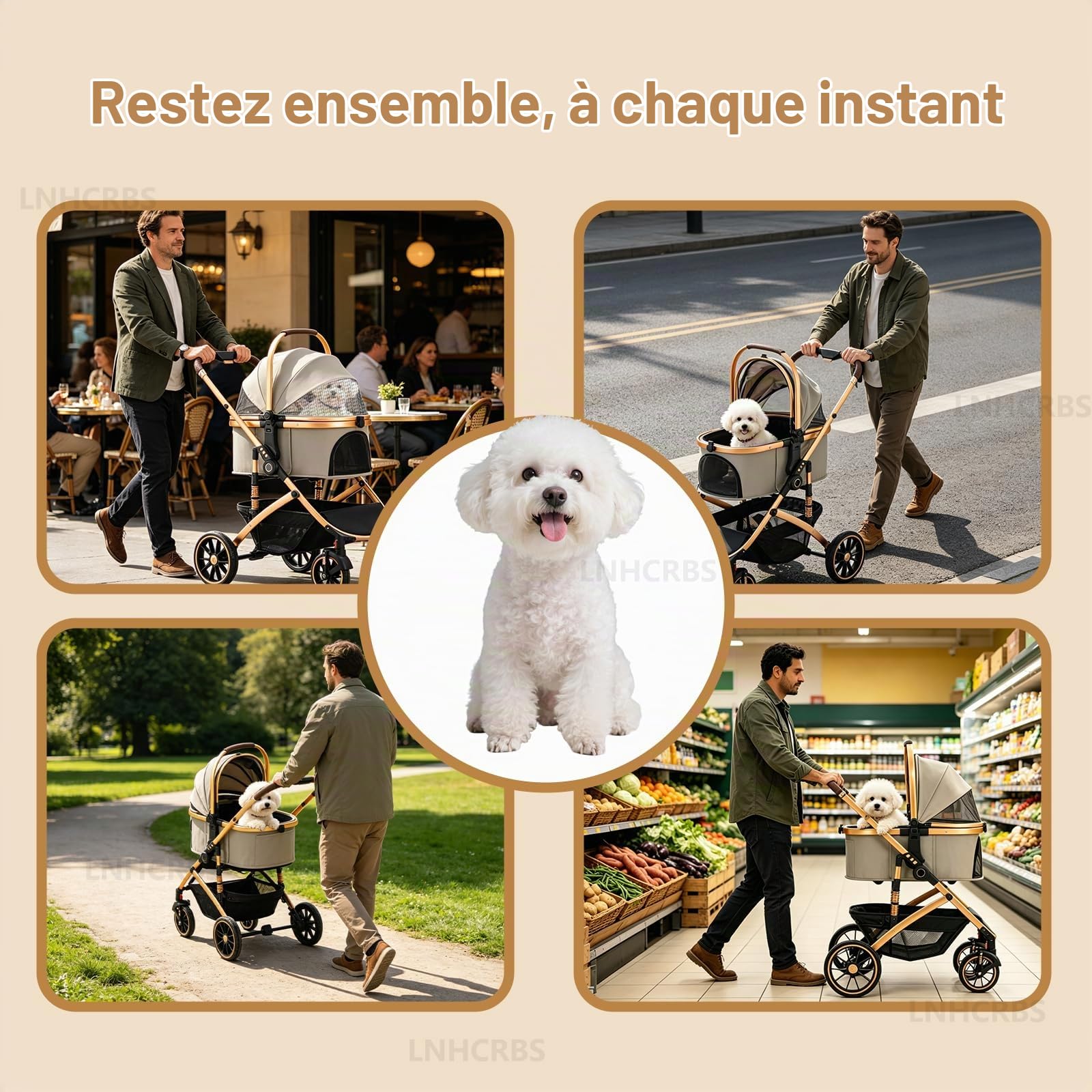 Lnhcbrs Poussette Pour Chien,Panier Amovible,Moustiquaire,Tissu Anti-Griffures,Châssis Aluminium (22kg,Pliage Simple,Double Frein,Idéale Comme Poussette Chien Tout Terrain Et Poussette Pour Chat,Kaki
