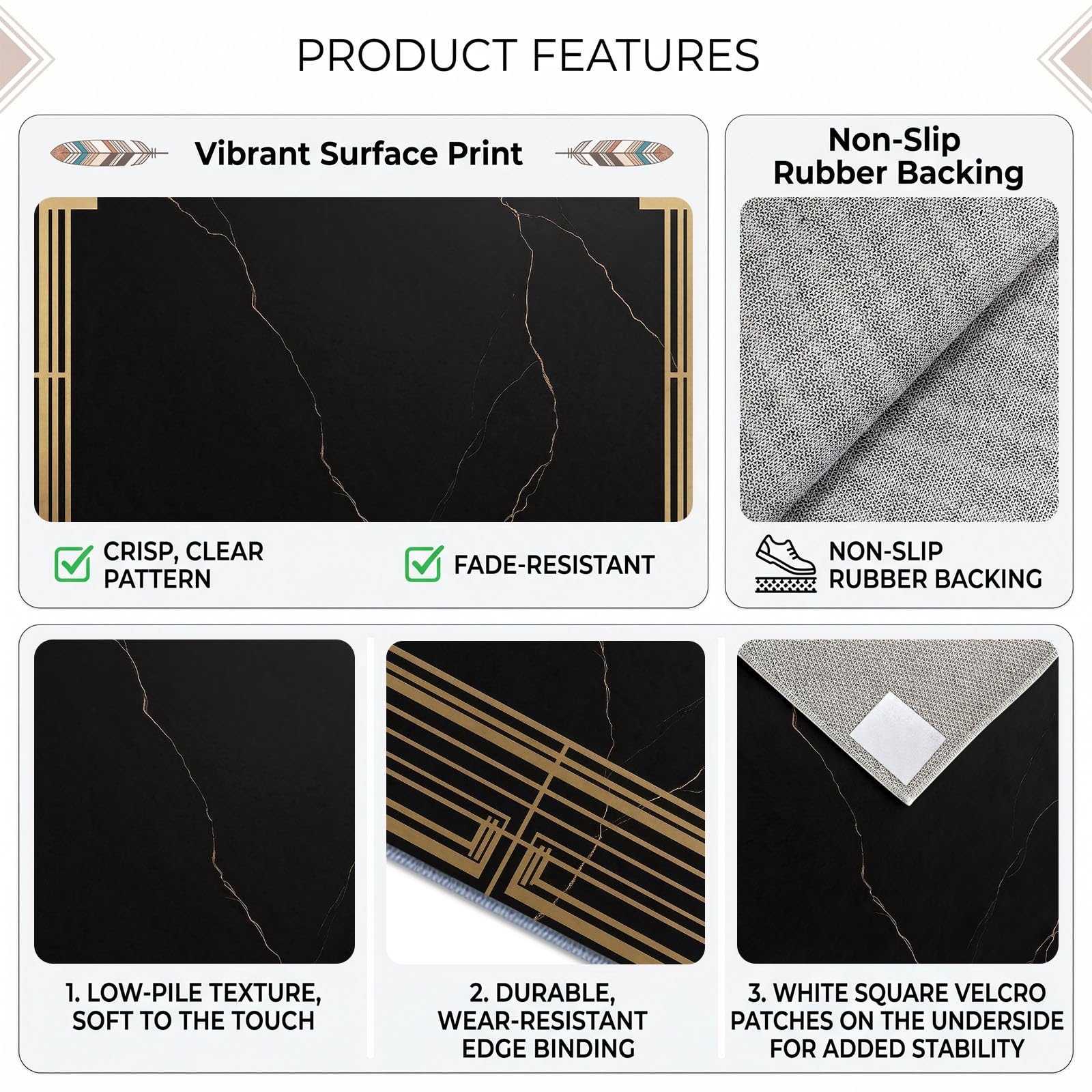 Luxe Moderne Grand Tapis Salon Antidérapant Lavable en Machine 180x240cm, Poil Ras Doux Bordure Marbre Noir Tapis pour Salle a Manger Bureau Cuisine Decoration Chambrel
