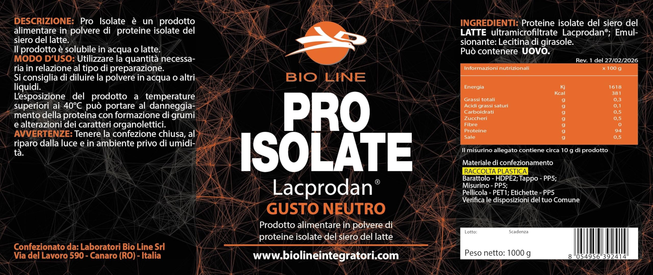 PRO ISOLATE - Prodotto alimentare di proteine del siero del latte (Volac Volactive®) isolate per microfiltrazione (Gusto Neutro, 1 Kg)