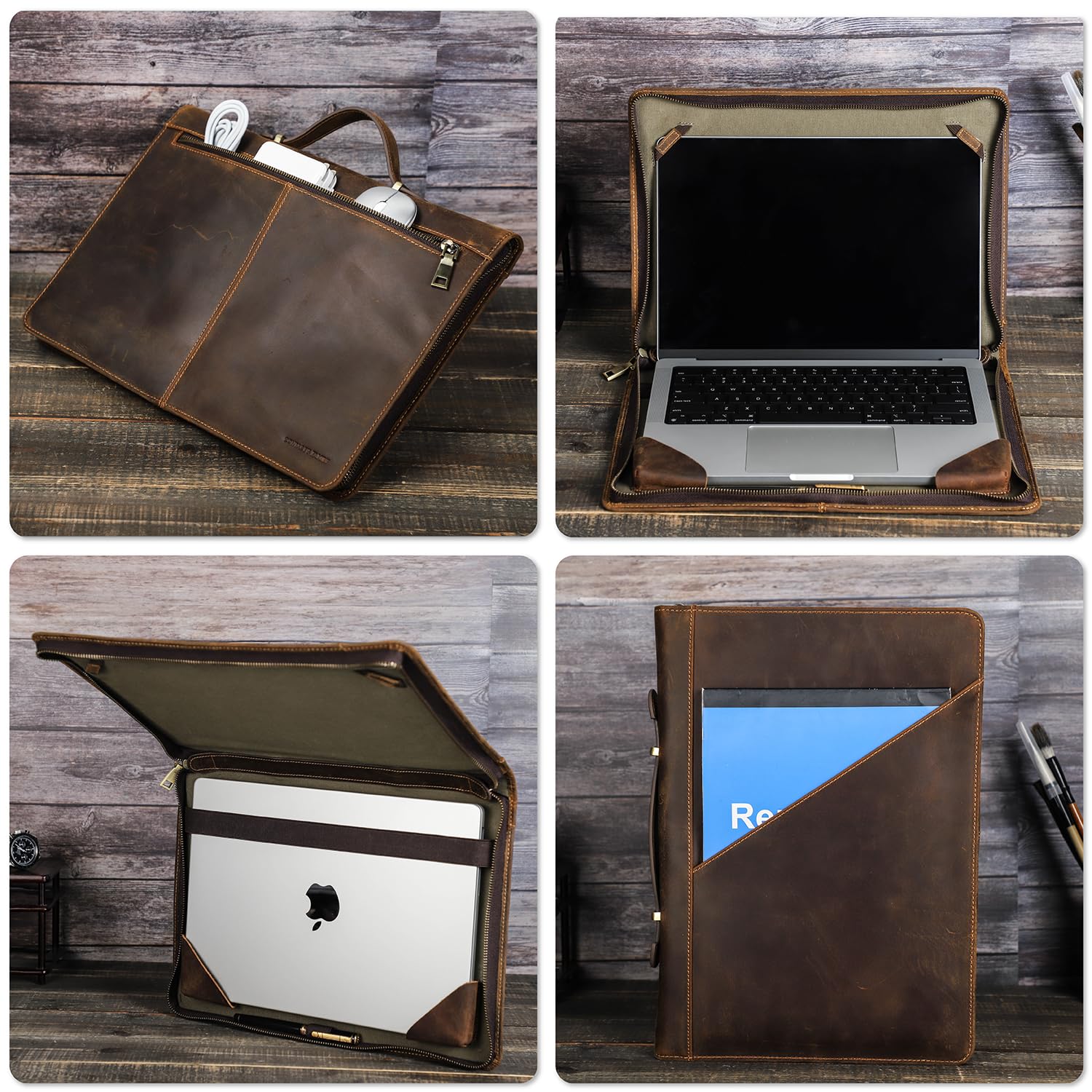 Top Grain Leather Slim Laptop Zipper Folio Case Retro Design Handmade & 2 Pockets, Compatible with MacBook Pro 33.8 cm MacBook Air M1/M2 ZenBook 33.8 cm & Other PC, Oil Coffee 13.3 Inch