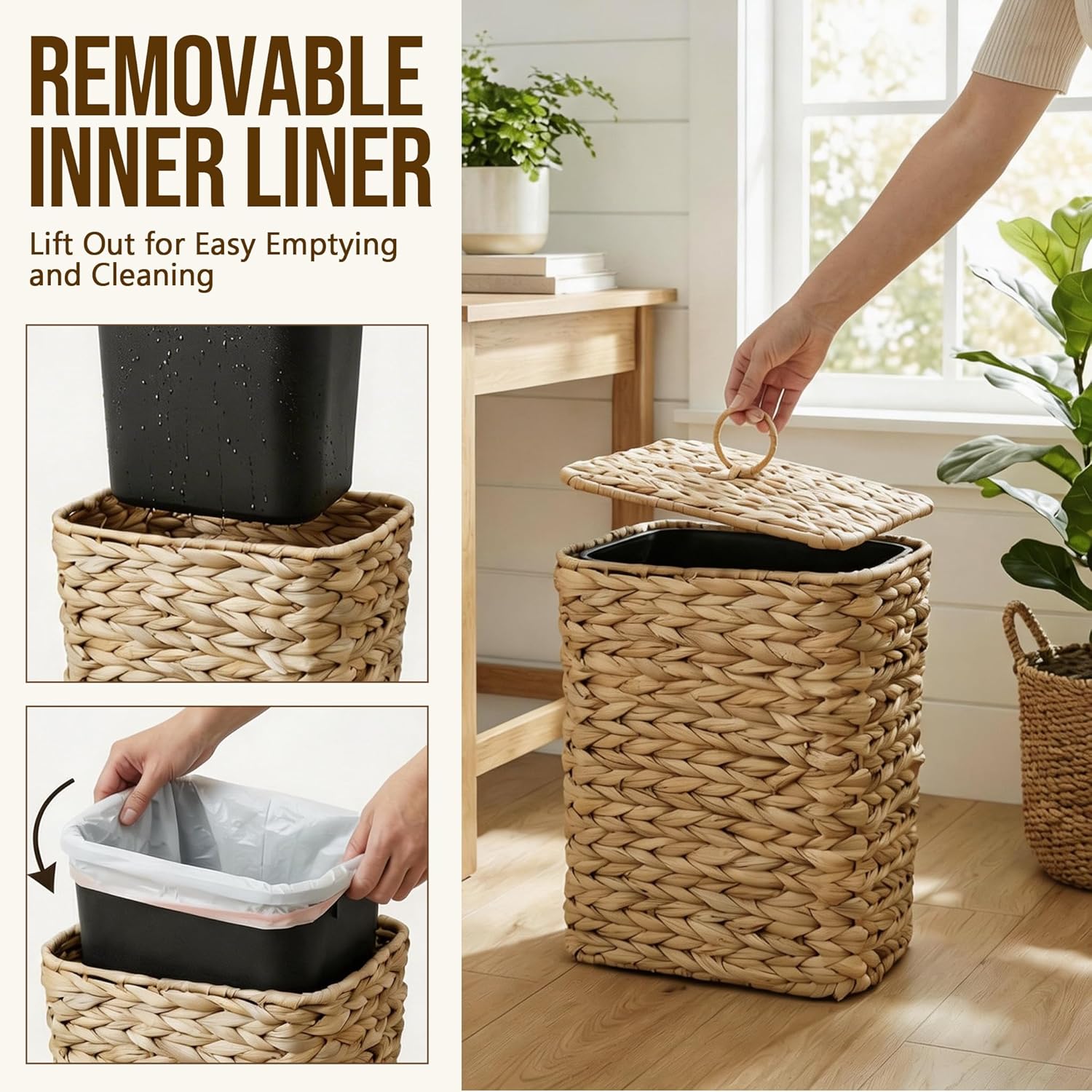 2.6 Gallon Wicker Trash Can with Lid, Handwoven Water Hyacinth Wastebasket with Removable Plastic Inner Bin, Small Decorative Rattan Trash Can for Bathroom Bedroom Office Kitchen