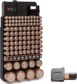 Bee Neat Battery Organizer and Storage Case with Tester - Battery Storage Box for Wall or Drawer - Max. 114 Batteries AA, AAA, 9Volt, C, D & Watch Batteries