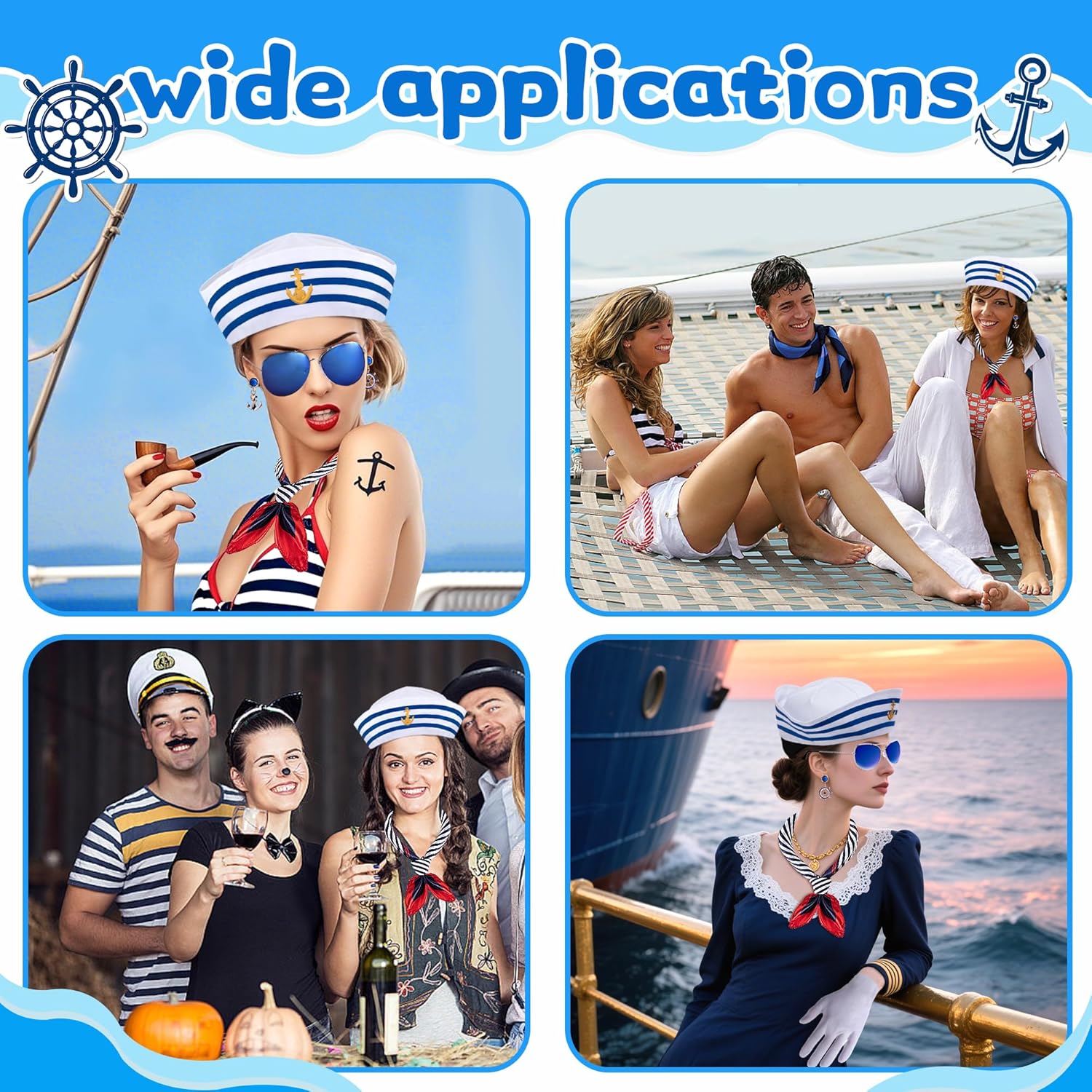 Watayo 5 Pcs Halloween Nautical Sailor Hat and Scarf Cosplay Outfit, Yacht Captain Sailor Cap Scarf Sunglasses Gloves Earrings, Halloween Sailor Costume Accessories for Women Men Dressing Up Party - Image 3
