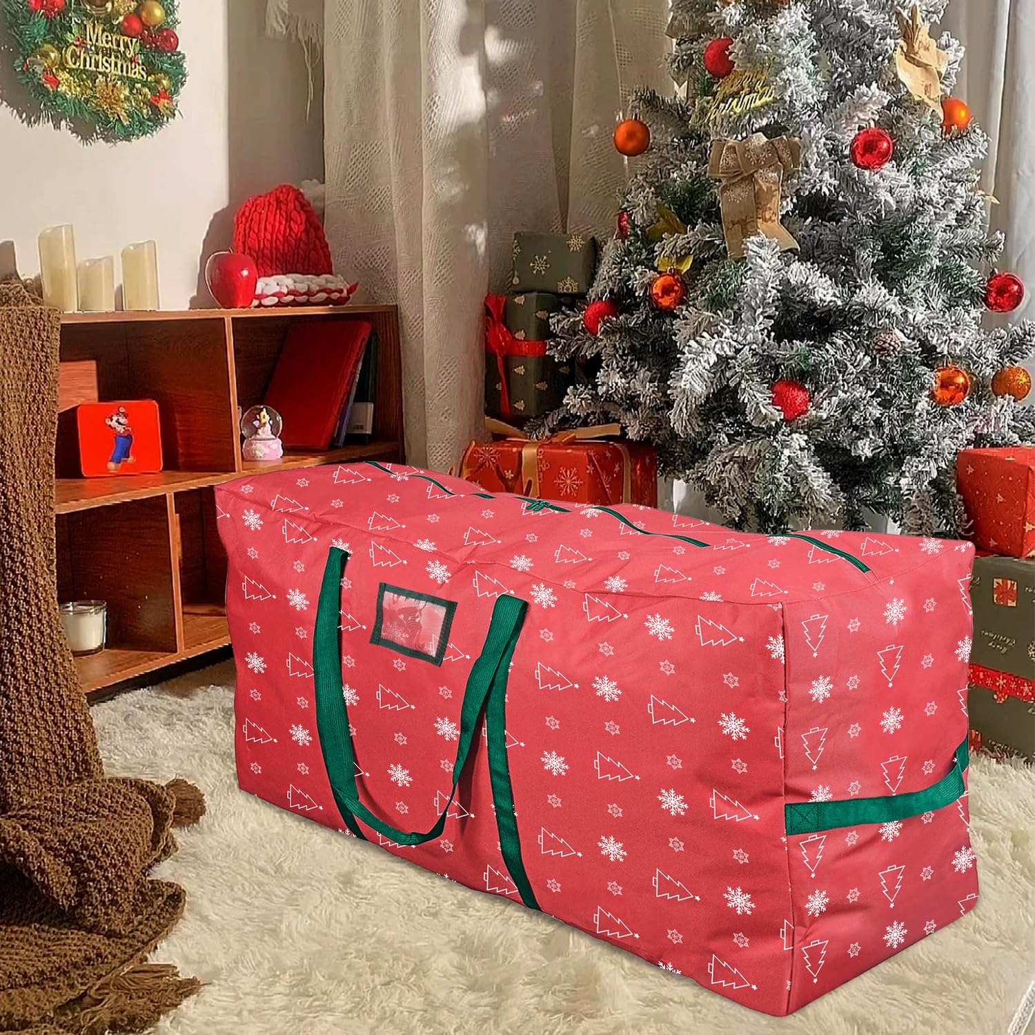 Borsa Per Ghirlande Di Natale 60x18cm - Impermeabile, Tessuto Oxford, Con Manici E Etichetta, Verde - Foto 5