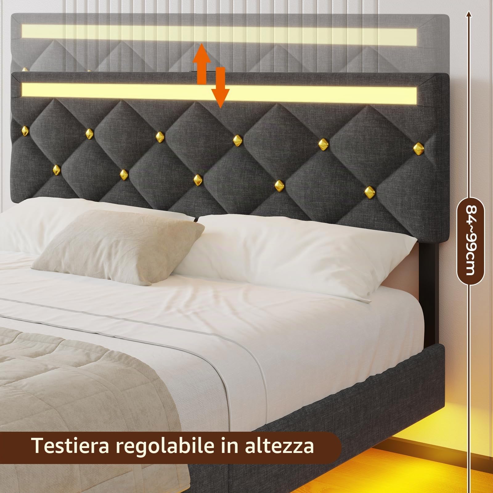 DICTAC Letto 160 x 200 cm, con illuminazione a LED e stazione di ricarica USB, moderno letto matrimoniale 160 x 200 cm, con rete a doghe e testiera alta, struttura del letto in grigio scuro e tessuto