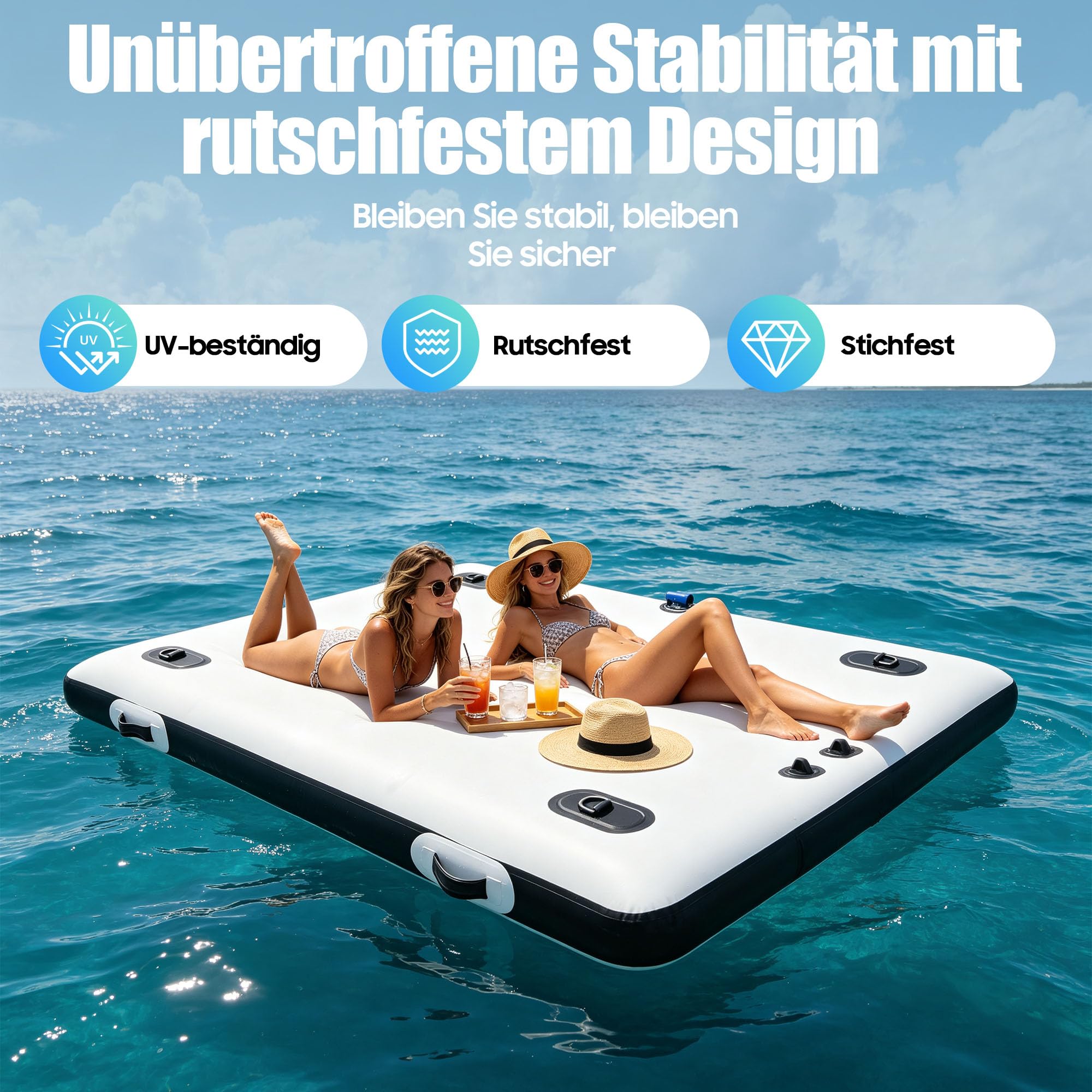 Aufblasbare schwimmende Plattform, 2 x 1,5 m PVC Schlauchboot für Angler, Fishing Plattform mit 2 Rudern und Luftpumpe, Tragkraft 400 kg, für See Schwimmbad Yoga Weiß Schwarz