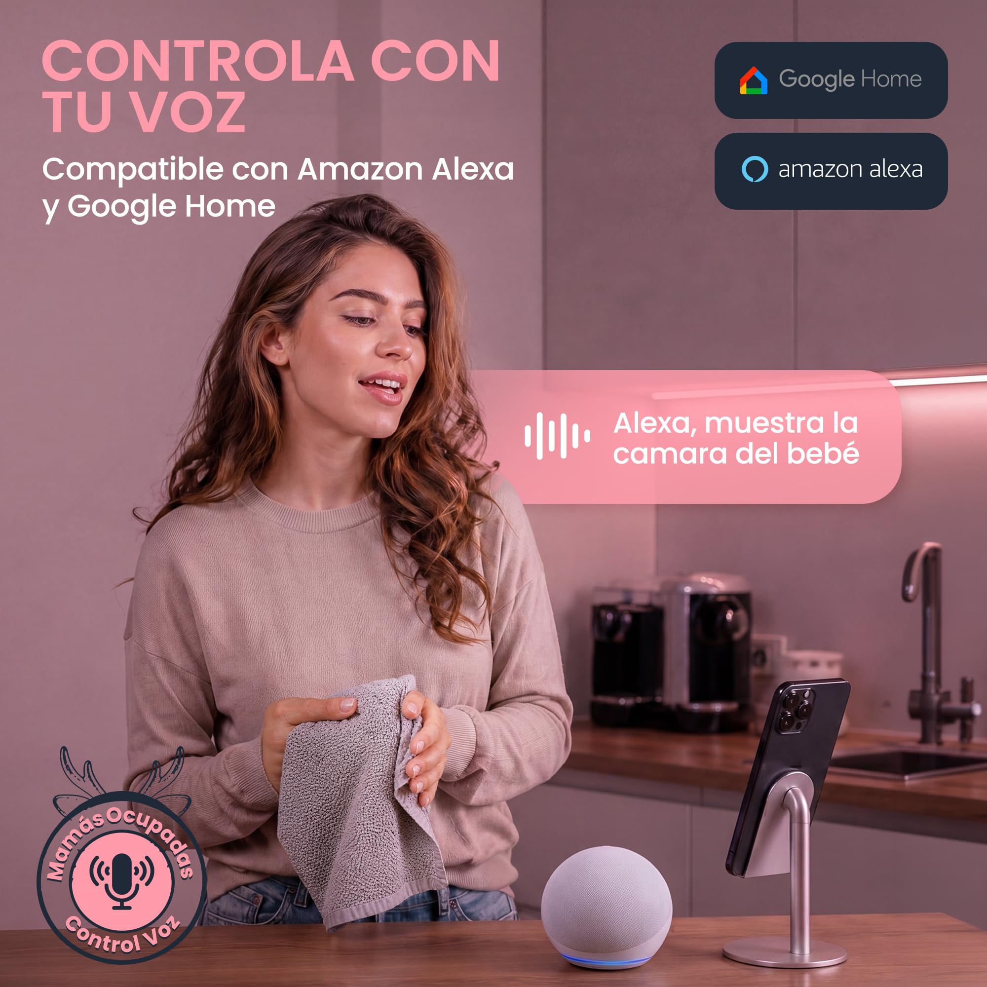 BABYSURE&CONFORT Camara Vigilancia Bebe - 4MP, Soporte Flexible y Rigido, Luz LED, Vigilabebes con Audio Bidireccional, Vision Nocturna, Alarma Llanto y Movimiento, Wi-Fi 2.4GHz Smart App móvil (Rosa)