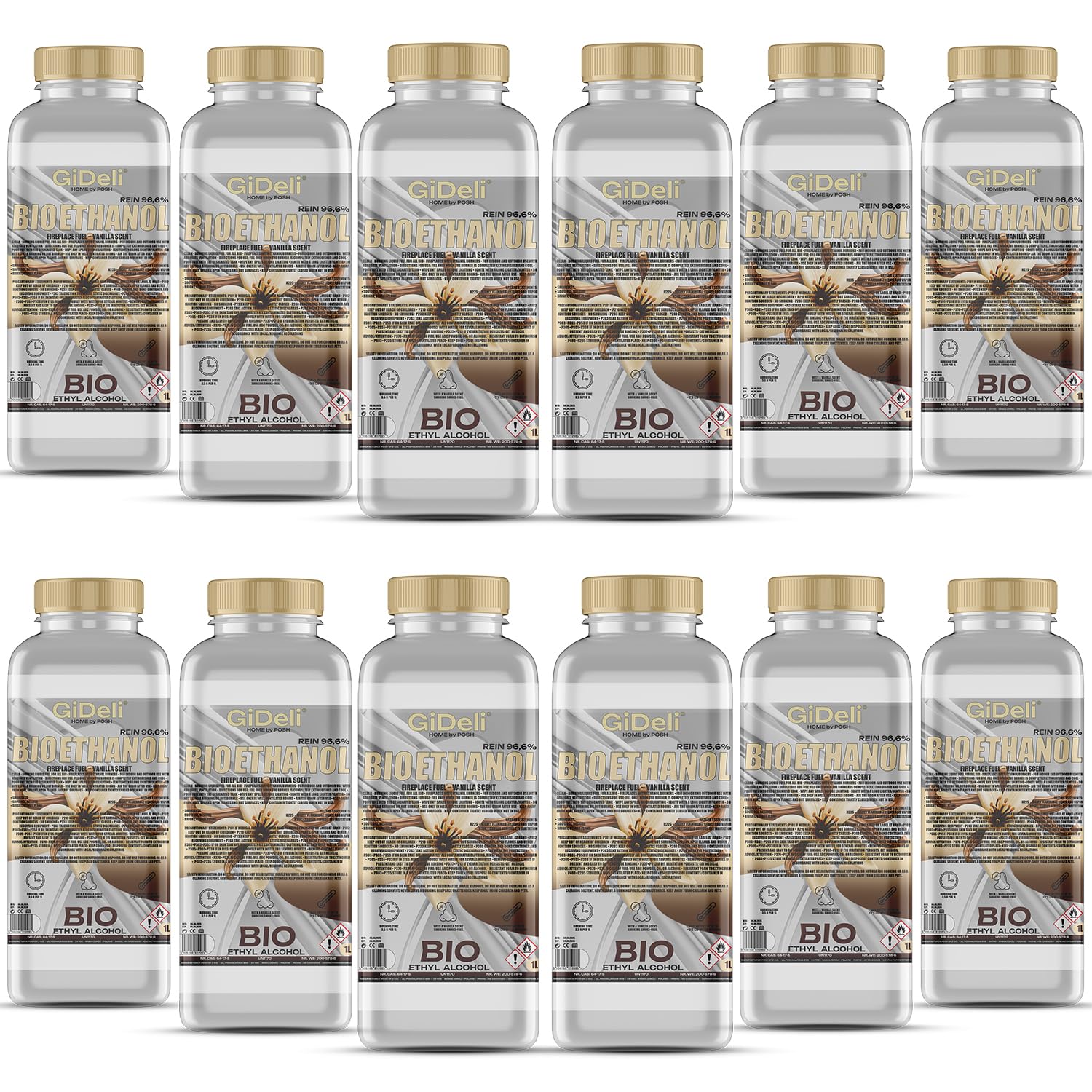 GiDeli bioetanolo 12 x 1 l profumo di vaniglia 96,6% etanolo per camini interni ed esterni, senza fumo e fuliggine, da mais e barbabietola da zucchero