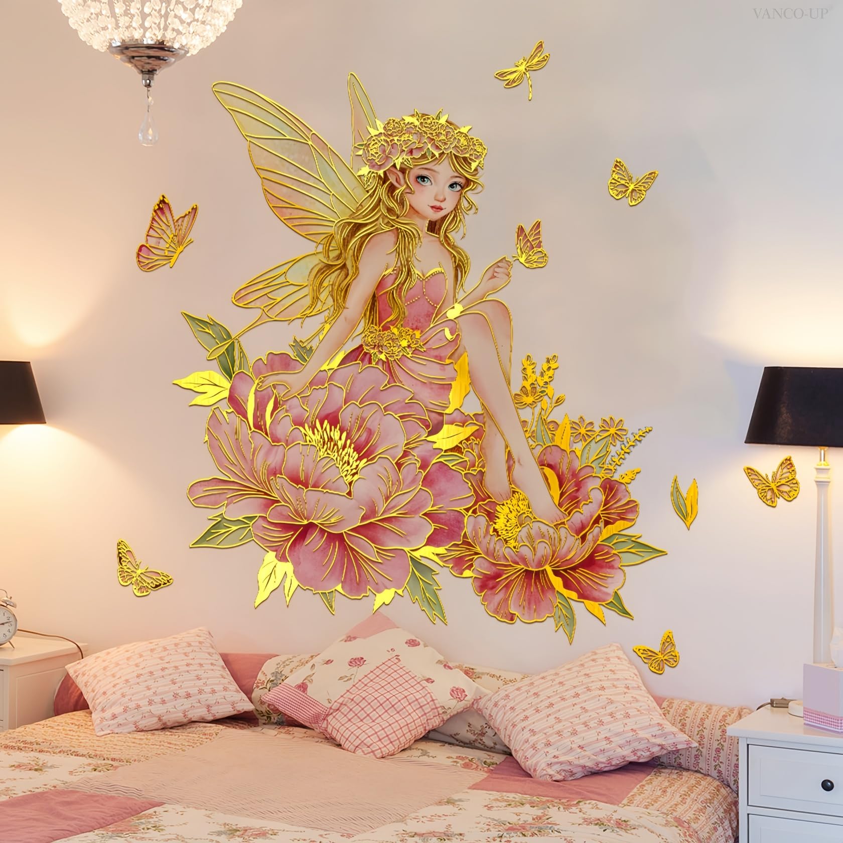 Lekabee Golden Flower Fairy Wall Stickers, Floral Butterfly Wall Decal, Girls Bedroom Baby Nursery Kids Room Wall Decor (Style_A) - Image 3
