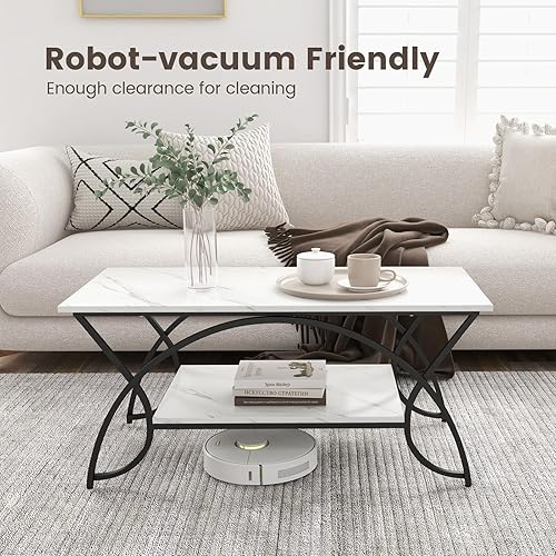 Miniatura 6 de COSTWAY Mesa auxiliar de 2 niveles, moderna mesa decorativa de mármol sintético con almacenamiento y marco de metal acabado dorado, elegante mesa