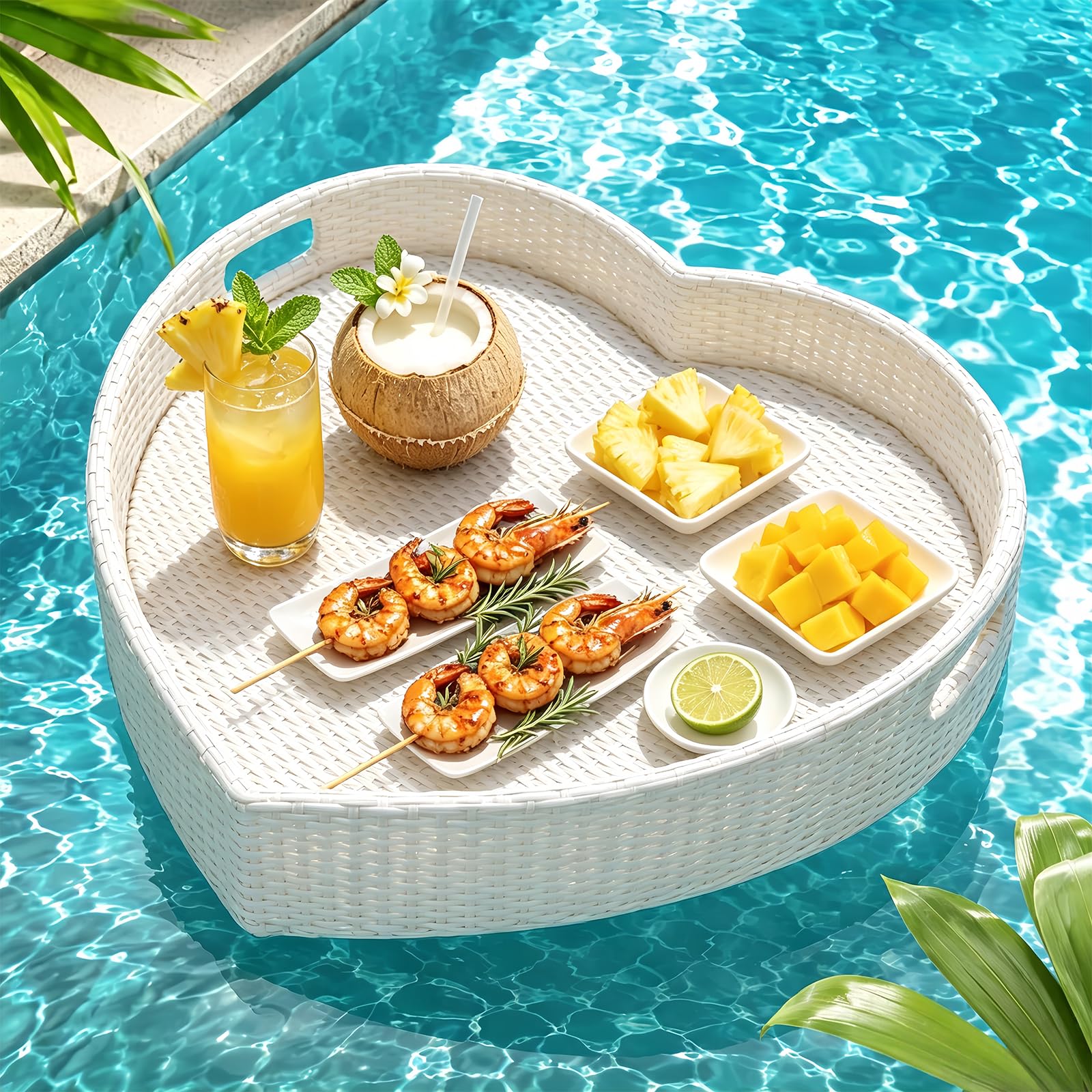 BANGBANGJI Bandeja Flotante Efecto Ratán para Resorts de Verano White | Bandeja flotante de ratán con acabado cuidado, espaciosa para bebidas, desayunos, fruta & accesorios