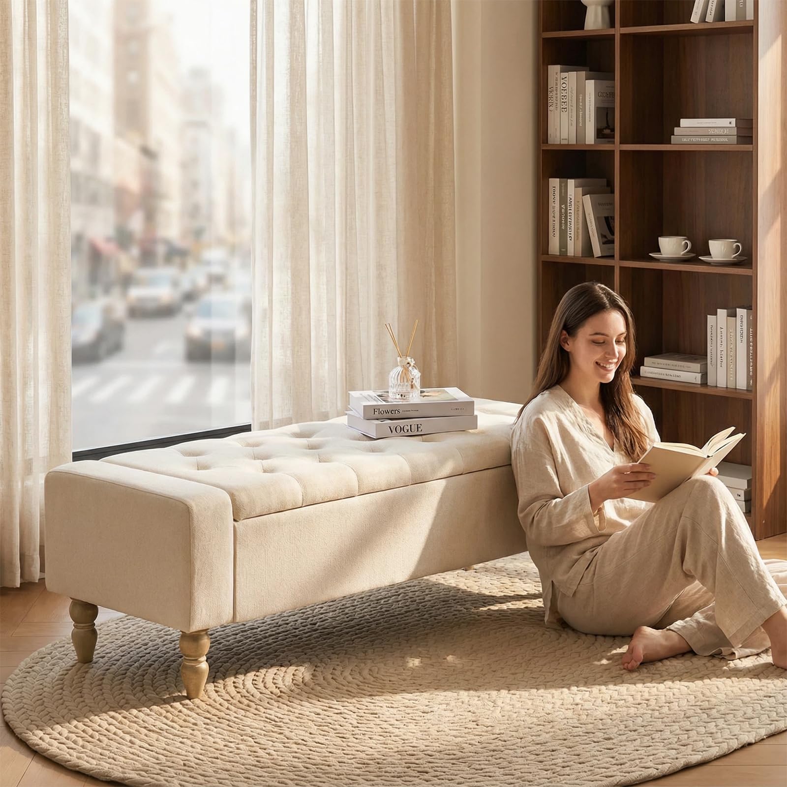 Hellove Banco de Almacenaje con Patas de Madera, 120x45x43 cm, Puff Tapizado con Botones en Tela de Lino, Sin Brazos, Banc Coffre para Salón, Dormitorio o Pie de Cama, Pasillo, de Carga 150 KG Beige