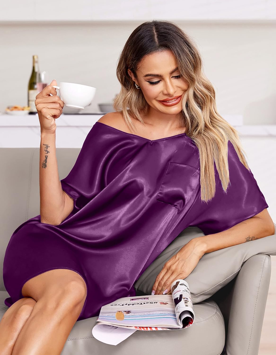 eshion Women Satin Nightgowns Short Sleeve Silk Sleepwear V Neck Boyfriend Casual Dresses with Chest Pocket S-XXL - Image 2