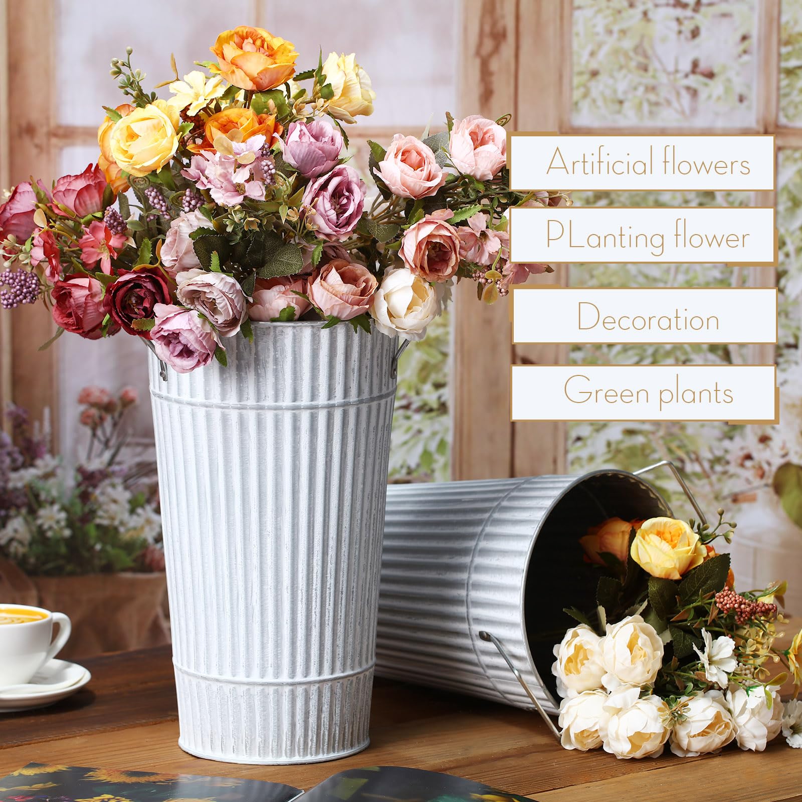 Paquete de 6 cubos de flores galvanizados vintage de 12 pulgadas, jarrones de flores de metal con asa, maceta francesa de granja, contenedor floral para flores, hogar, mesa, centro de mesa, 3