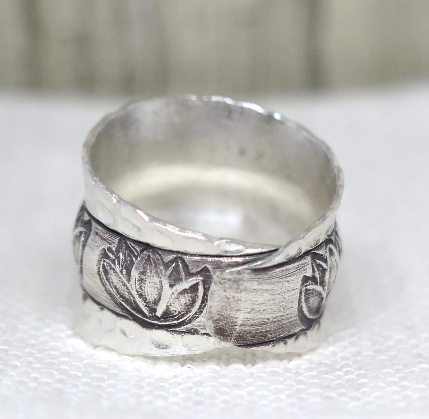 Handmade Hammered Sterling Silver Wide Band Lotus Ring, Lotus Flower Zen Buddhist Yoga Adjustable to US Size 6-11 Wrap Band, Semi Shiny, Gift for Her - Image 6