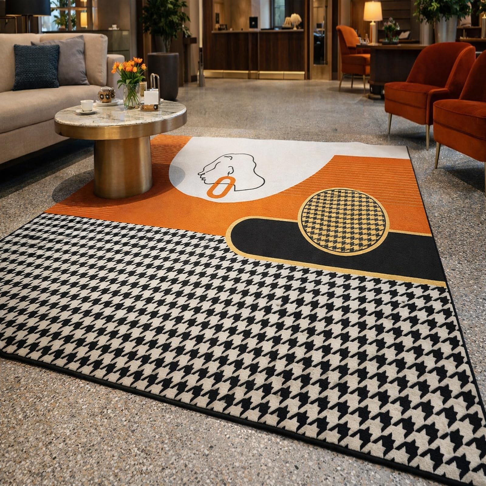 Tapis poils courts abstrait orange et noir 80x120 cm pour entrée et salon moderne