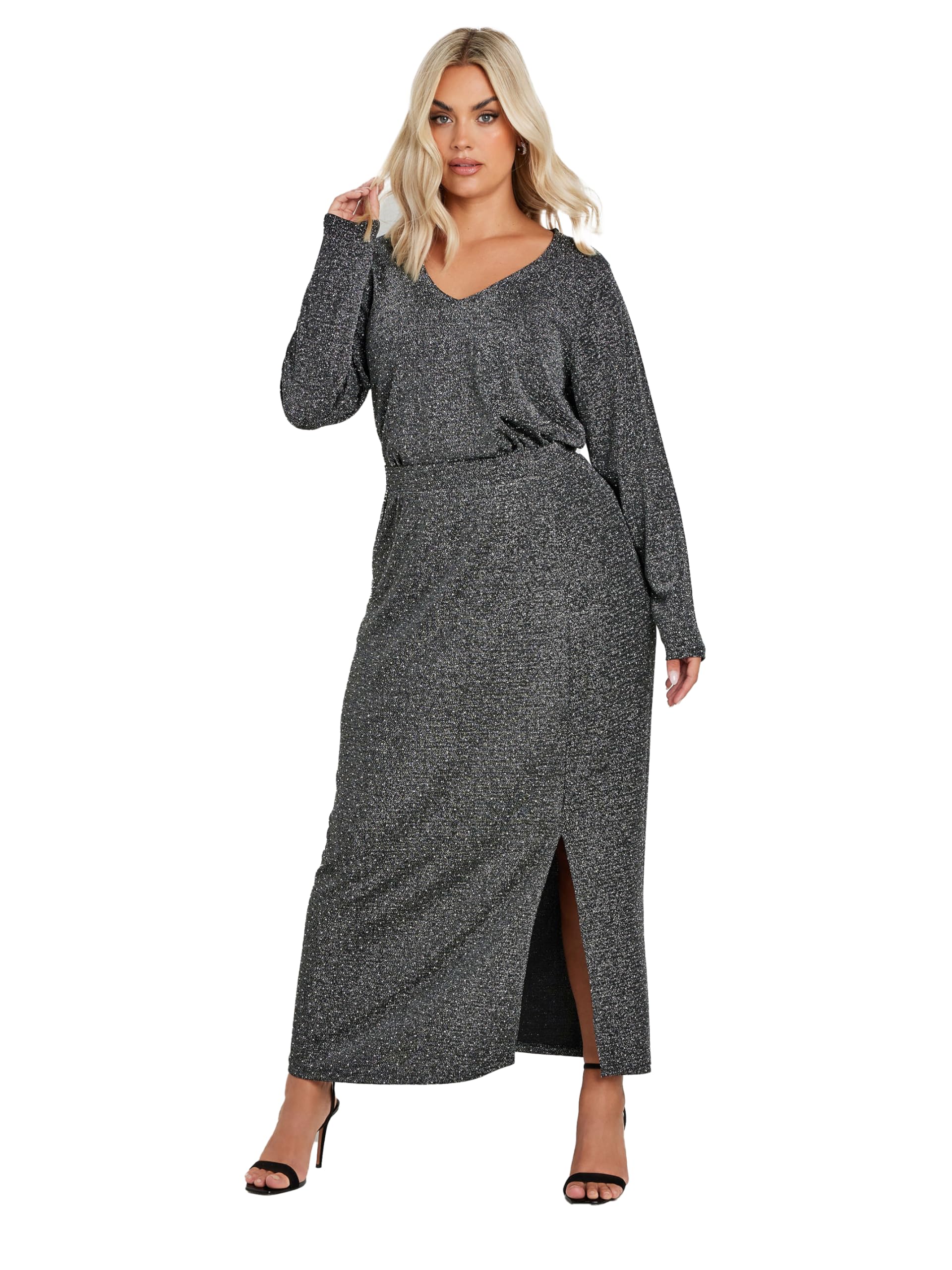 Yours Women's Silver Metallic Side Split Midi Skirt In | Size: 14