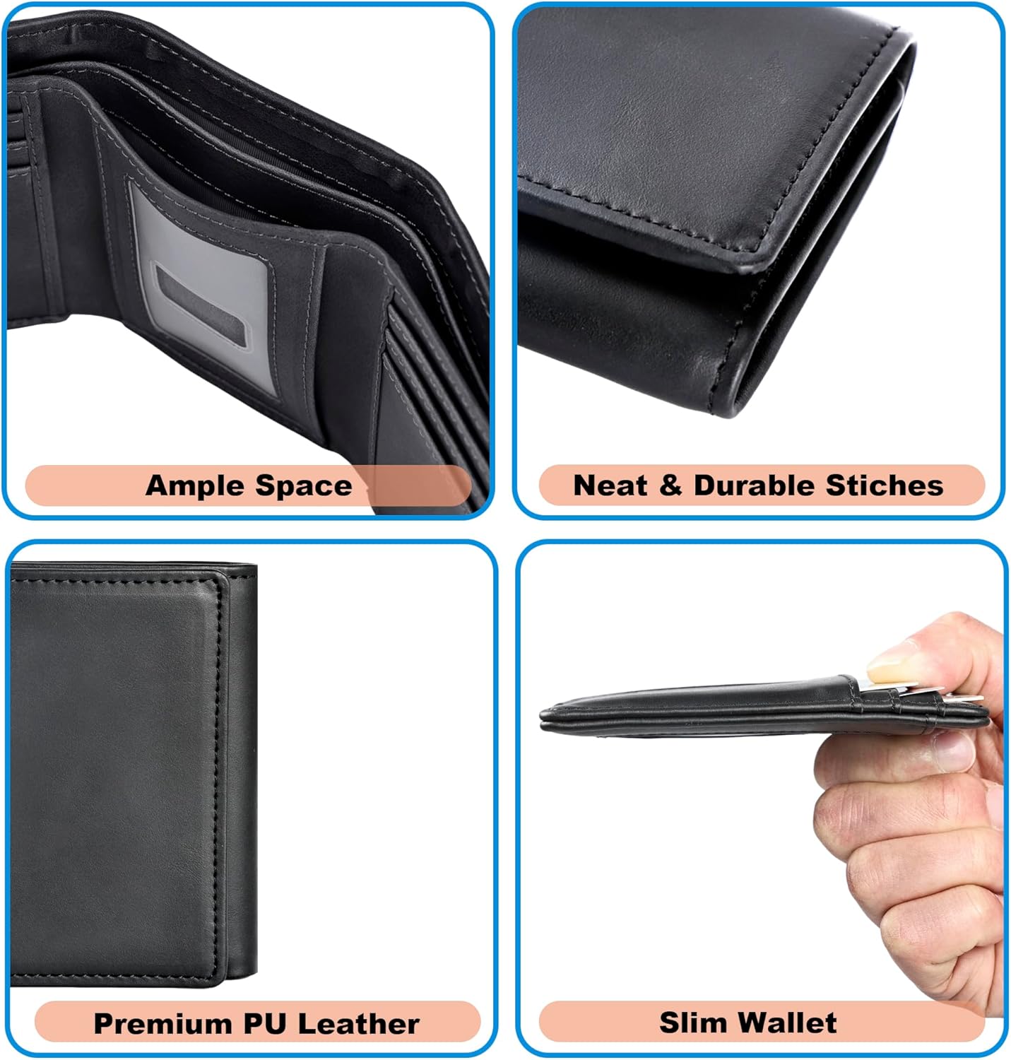 Trifold Wallet for Men, Leather Wallets with 8 Card Slot and 2 Money Pocket and 1 Clear Photo Slot + 1 Minimalist Leather Card Pocket with 6 Card Slot and 1 Transparent Windows Slot - Black - Image 6