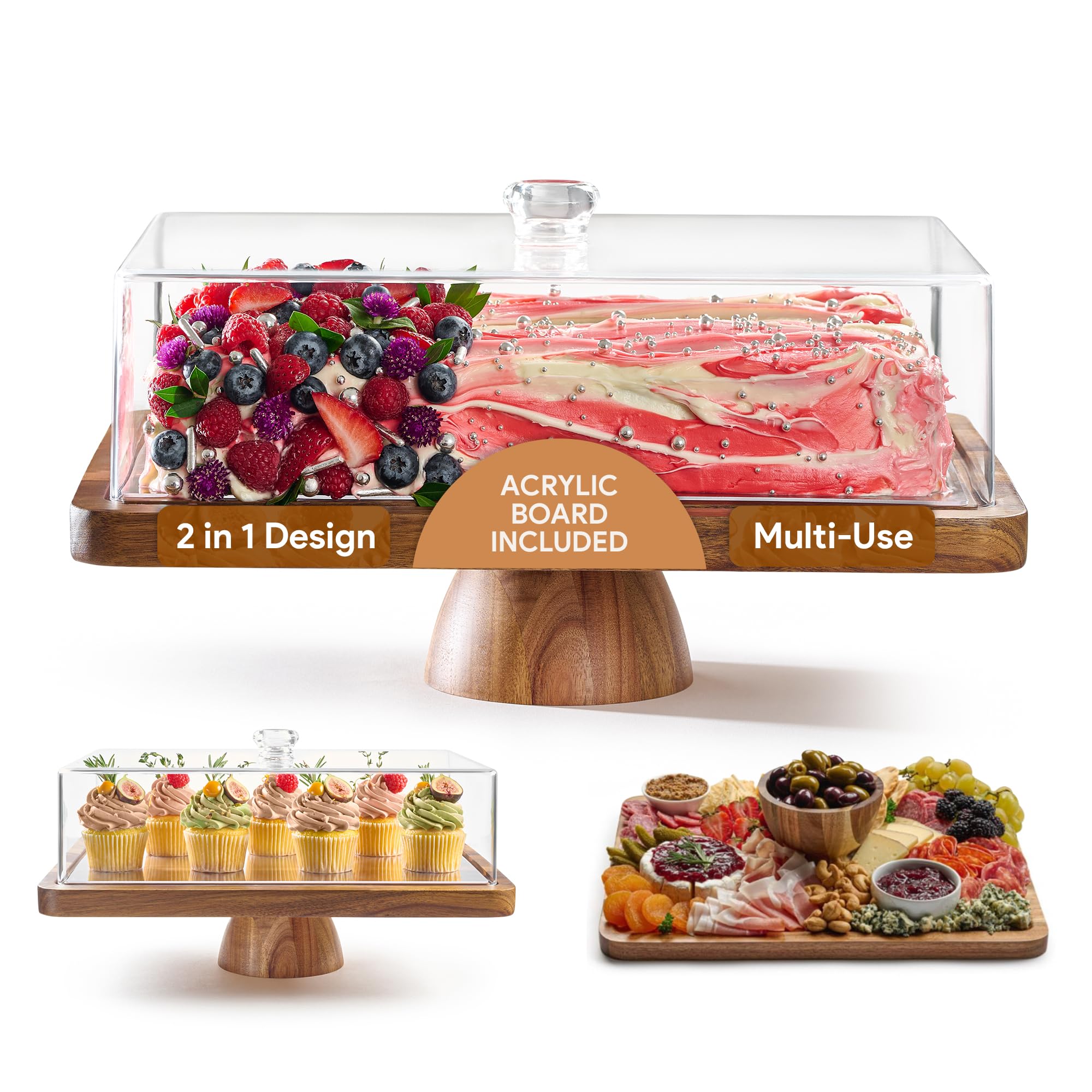Acacia Wood Valentine Cake Stand with Lid - Rectangle Holder for Valentine's Baking, 2-in-1 Dessert Display & Charcuterie Board, Valentine's Day Serving Platter, Acrylic Dome Cover
