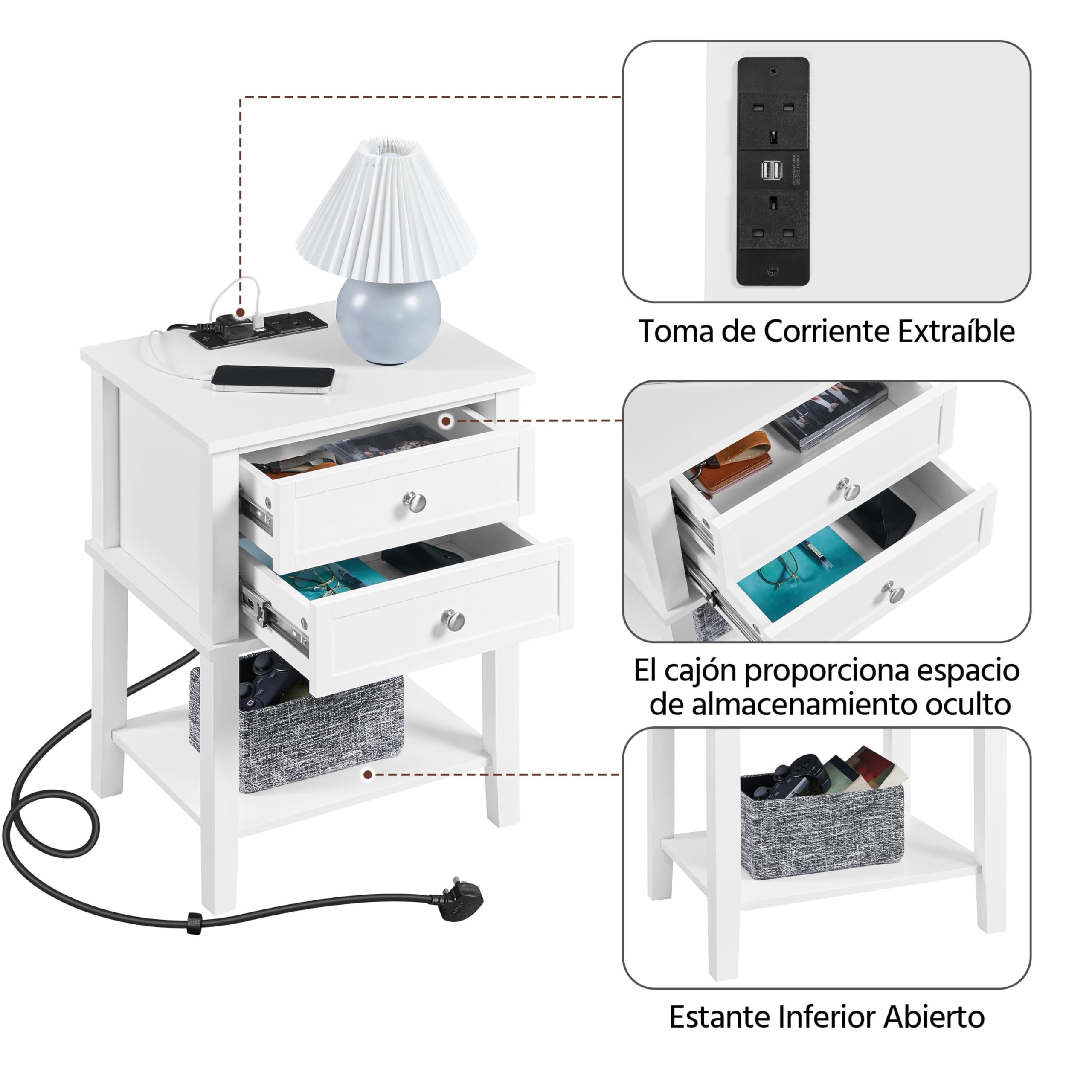 Yaheetech Mesita de Noche con Estación de Carga USB Mesilla de Noche con 2 Cajones y 1 Estante Mesas Auxiliar Blanco 45x35x61 cm para Cama Dormitorio Sala de Estar