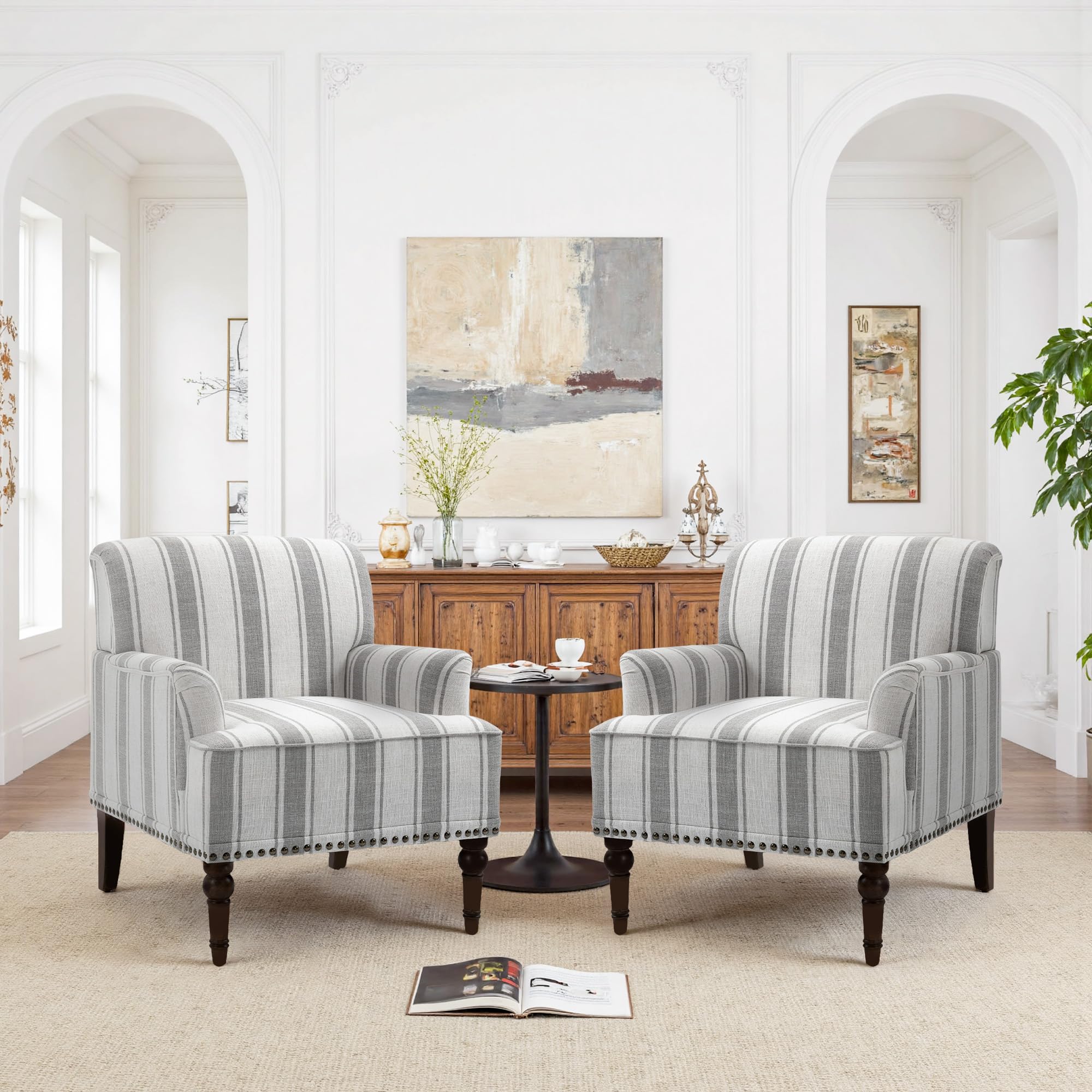 Pia Ricco Stripe Accent Chairs 2 Pack - Modern Nailhead Trim Armchairs with Wood Legs, Comfy Living Room Bedroom Home Office Seating-Gray