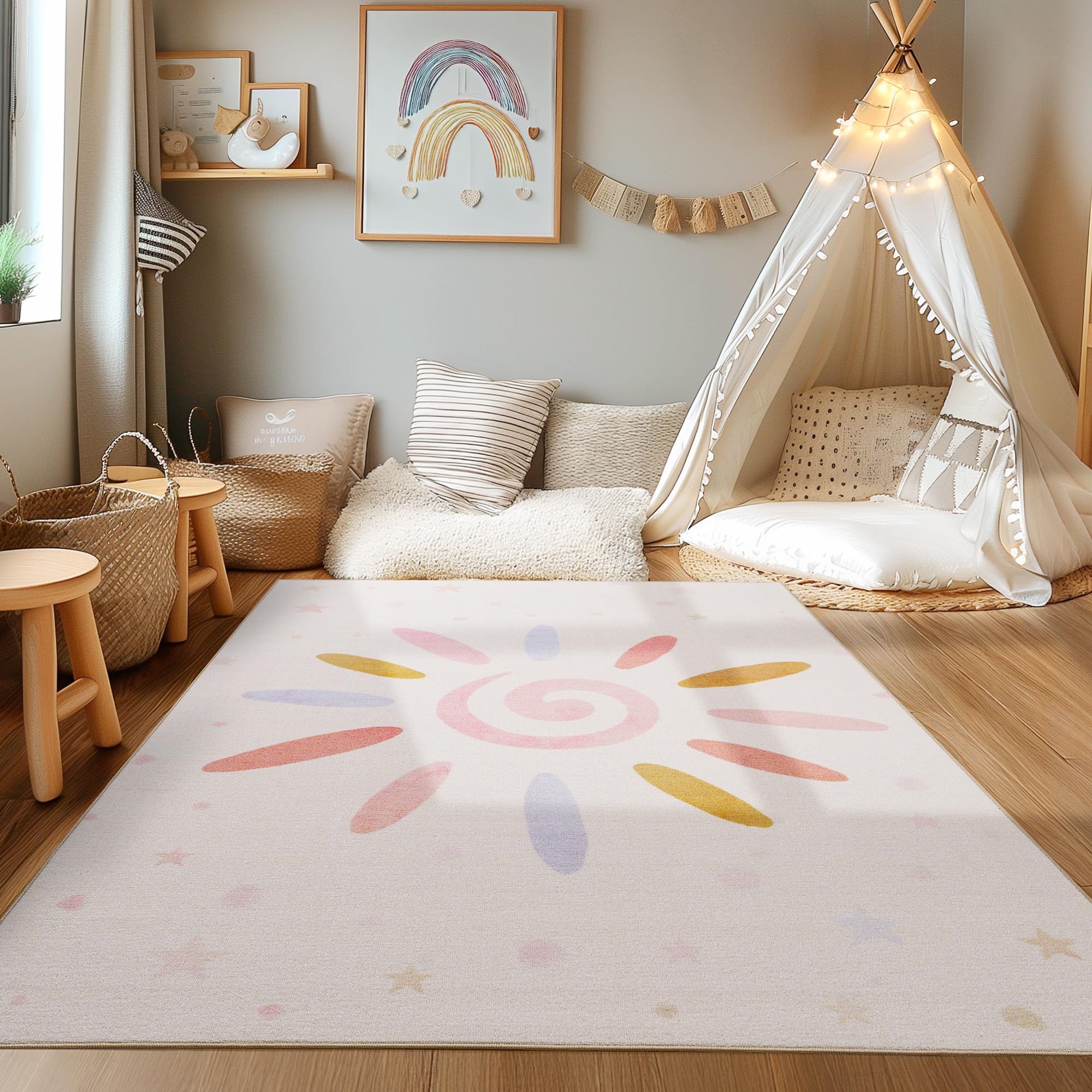 HomebyHome Alfombra para habitación Infantil con diseño de Soles y Estrellas, para niños y niñas, Color Crema, Alfombra para la habitación del bebé 120 x 170 cm