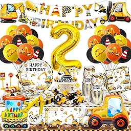 Bagger Deko Kindergeburtstag 2 Jahre, Bagger Baustelle Partygeschirr mit Luftballons Pappteller Tischdecke Tortendeko für Geburtstag Junge Mädchen 2 Jahre, 16 Gäste