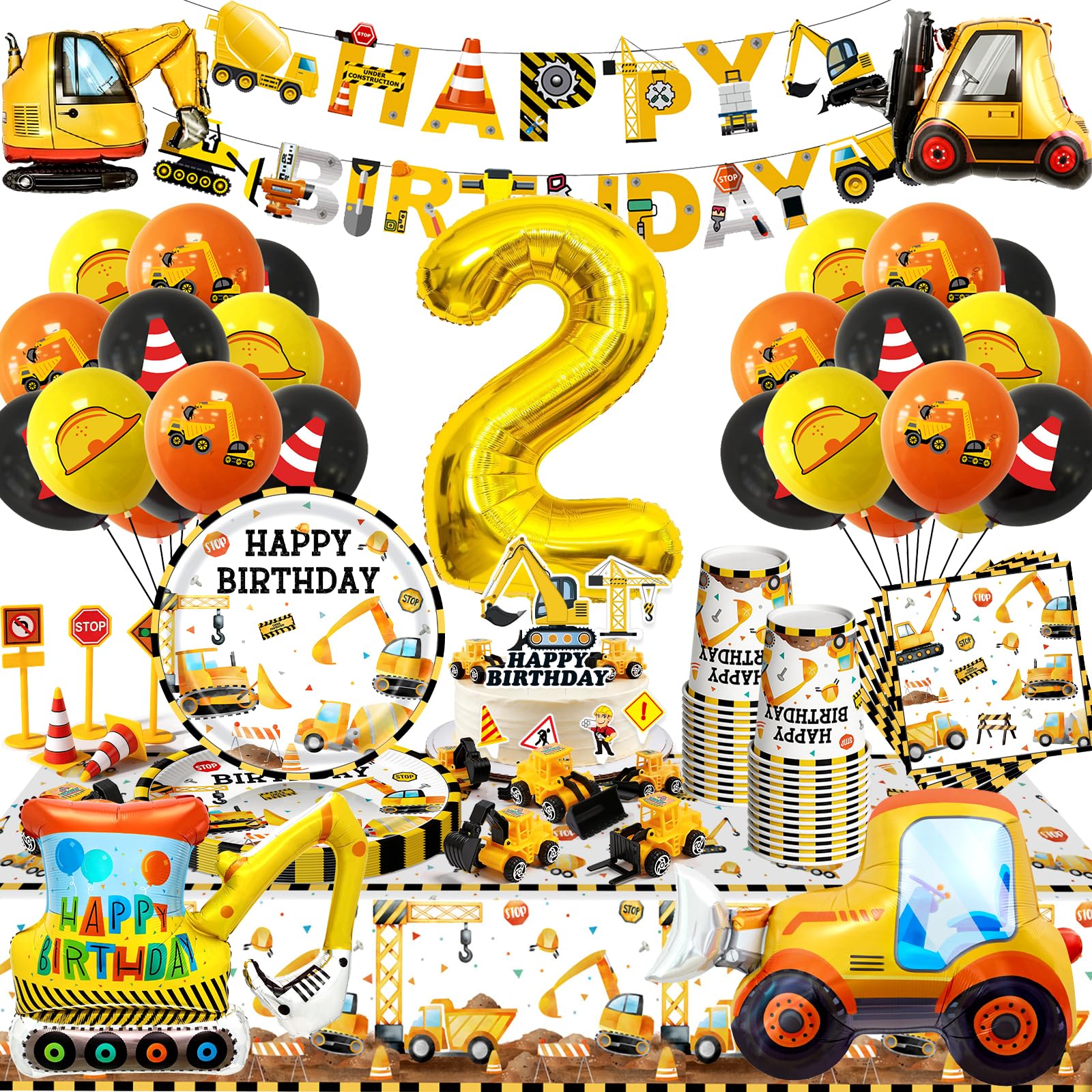 Bagger Deko Kindergeburtstag 2 Jahre, Bagger Baustelle Partygeschirr mit Luftballons Pappteller Tischdecke Tortendeko für Geburtstag Junge Mädchen 2 Jahre, 16 Gäste