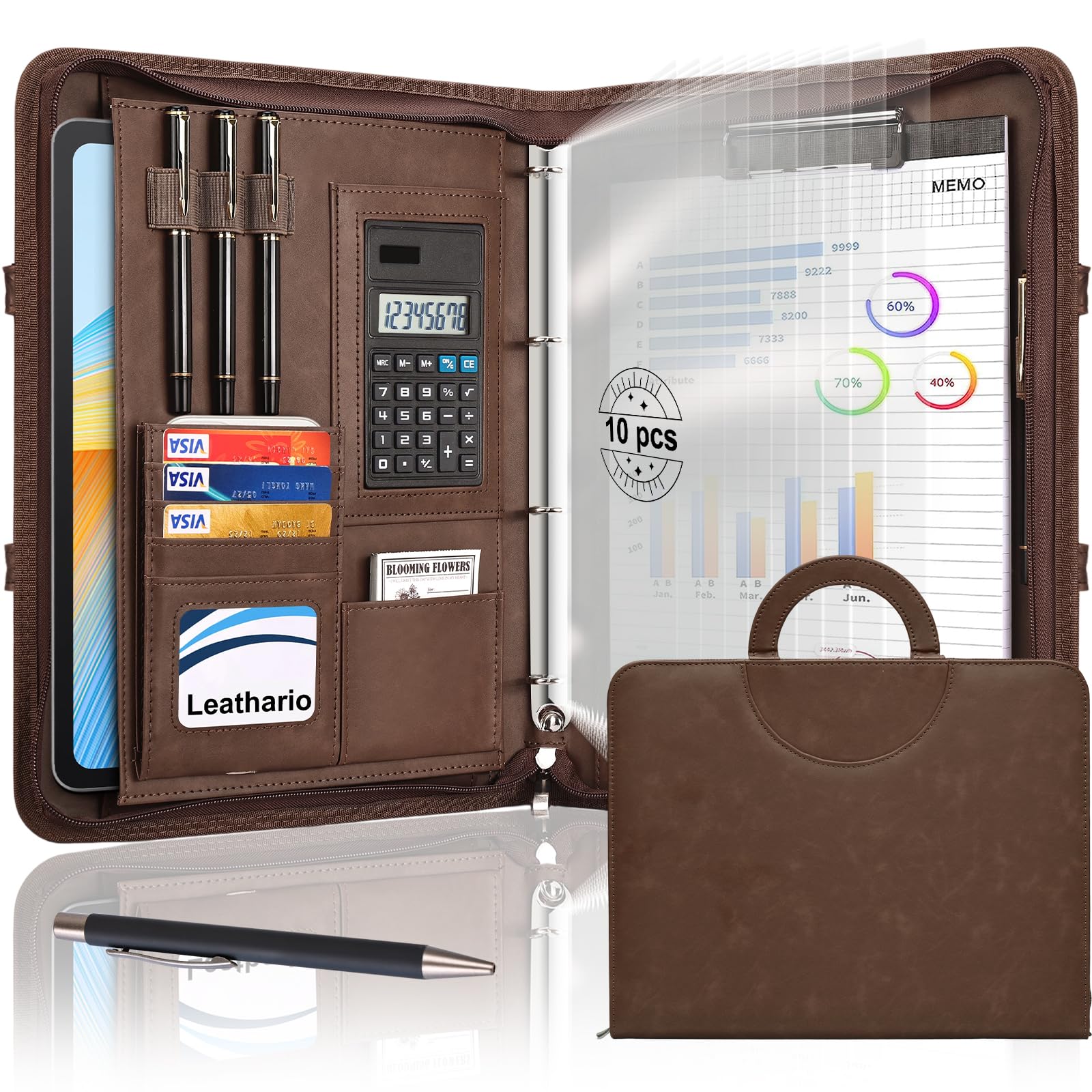Leathario Porte Documents A4 avec Calculatrice, Portfolio avec Poignées Magnétiques en Simili Cuir, Organiseur de Conférences 4 Reliures à Anneaux, 10 Feuilles Classeuses Souples Offertes et 1 Stylo