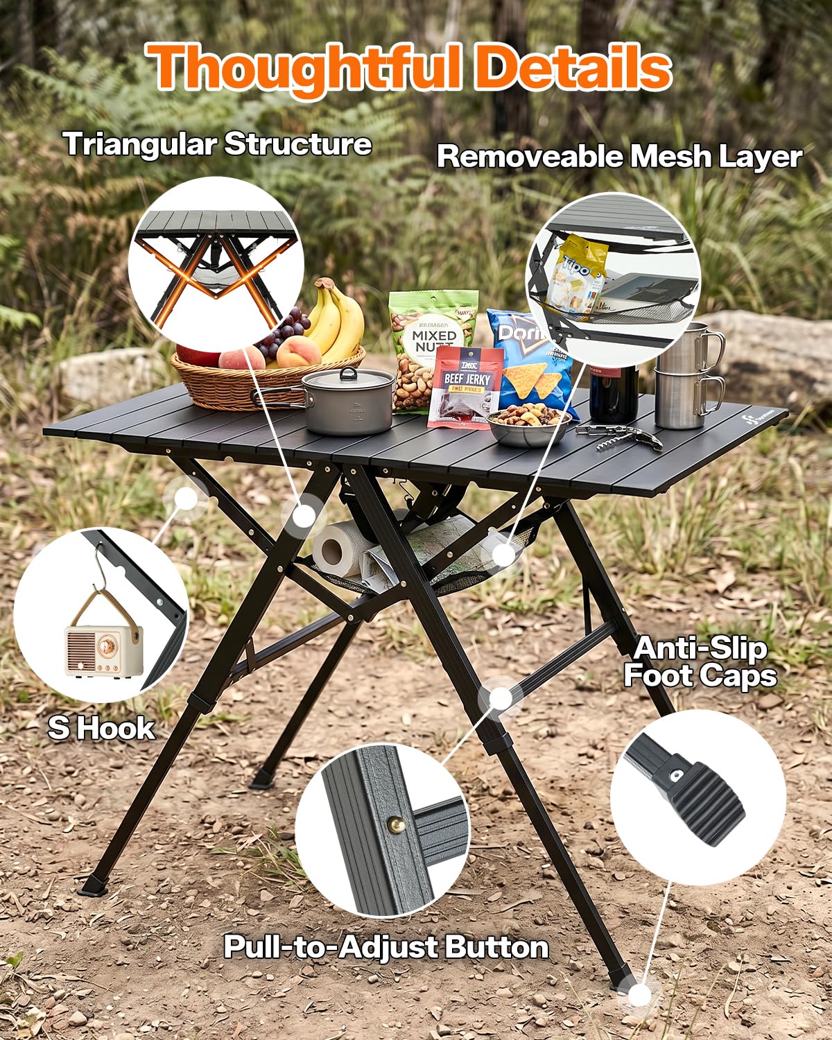 Sportneer Campingtisch Klappbar 90 x 60 cm – Großer Aluminium Klapptisch mit 3 Höhen (42/60/70 cm), Tragbarer Picknicktisch, Leichter Outdoor-Tisch für Camping, Garten, Balkon, Strand & Reisen